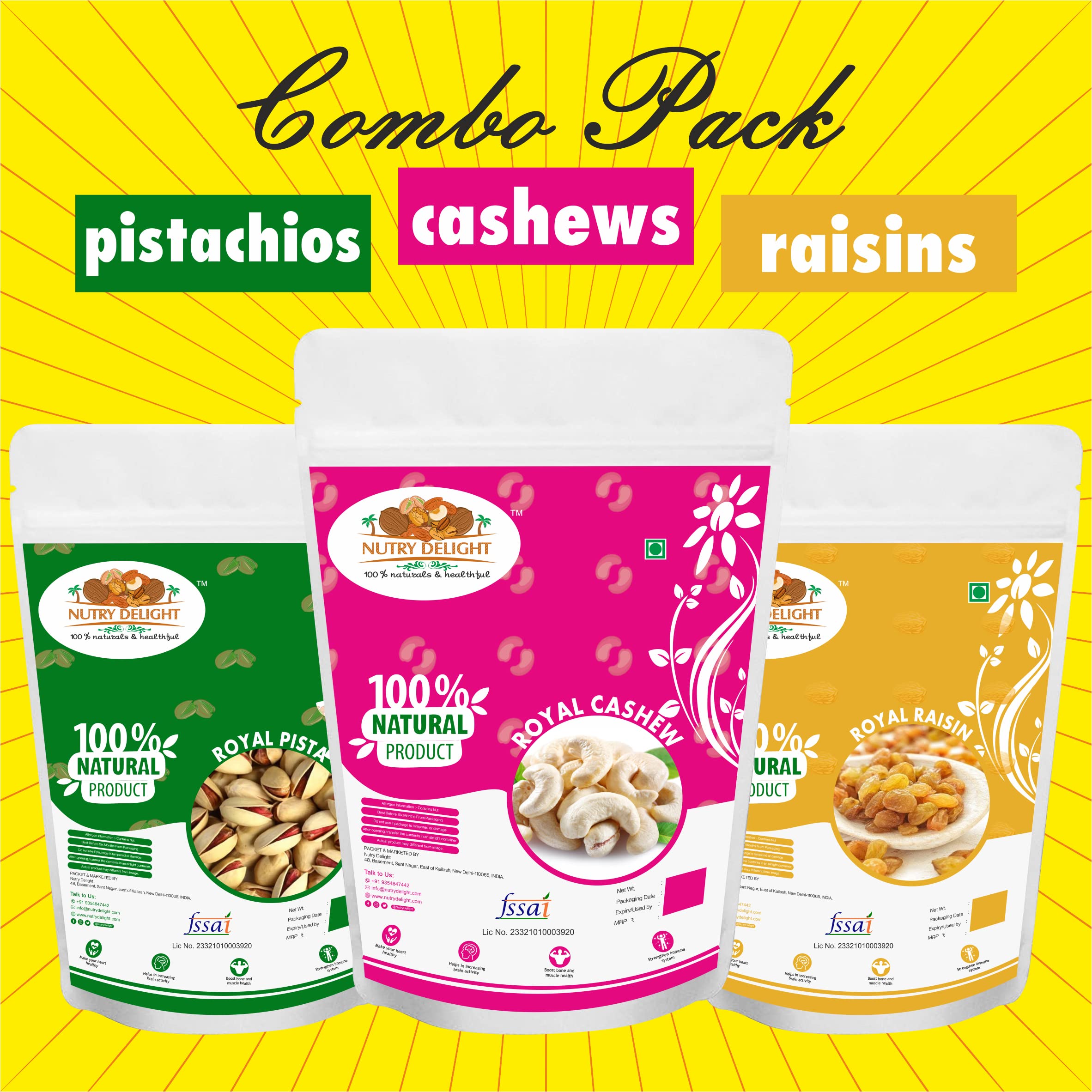NUTRY DELIGHT Royal Combo Pack of 750 gms Cashew Nuts| Kaju & Roasted Salted Shelled Pistachio & Raisins |Hari Kismish (Pack of 3,250 gms Each)