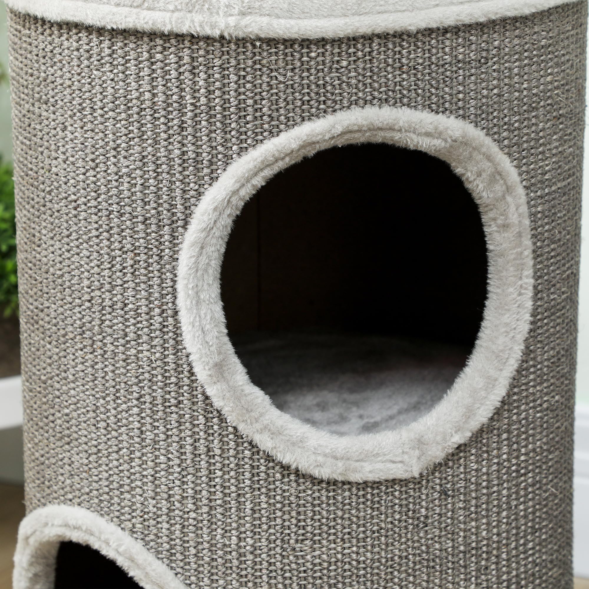 PawHut Arbre à Chat, 60 cm de Haut, Ø 35 cm, Deux étages avec 2 niches, Bordure en Peluche, Tour pour 1 à 2 Chats jusqu'à 5 kg, Gris Clair