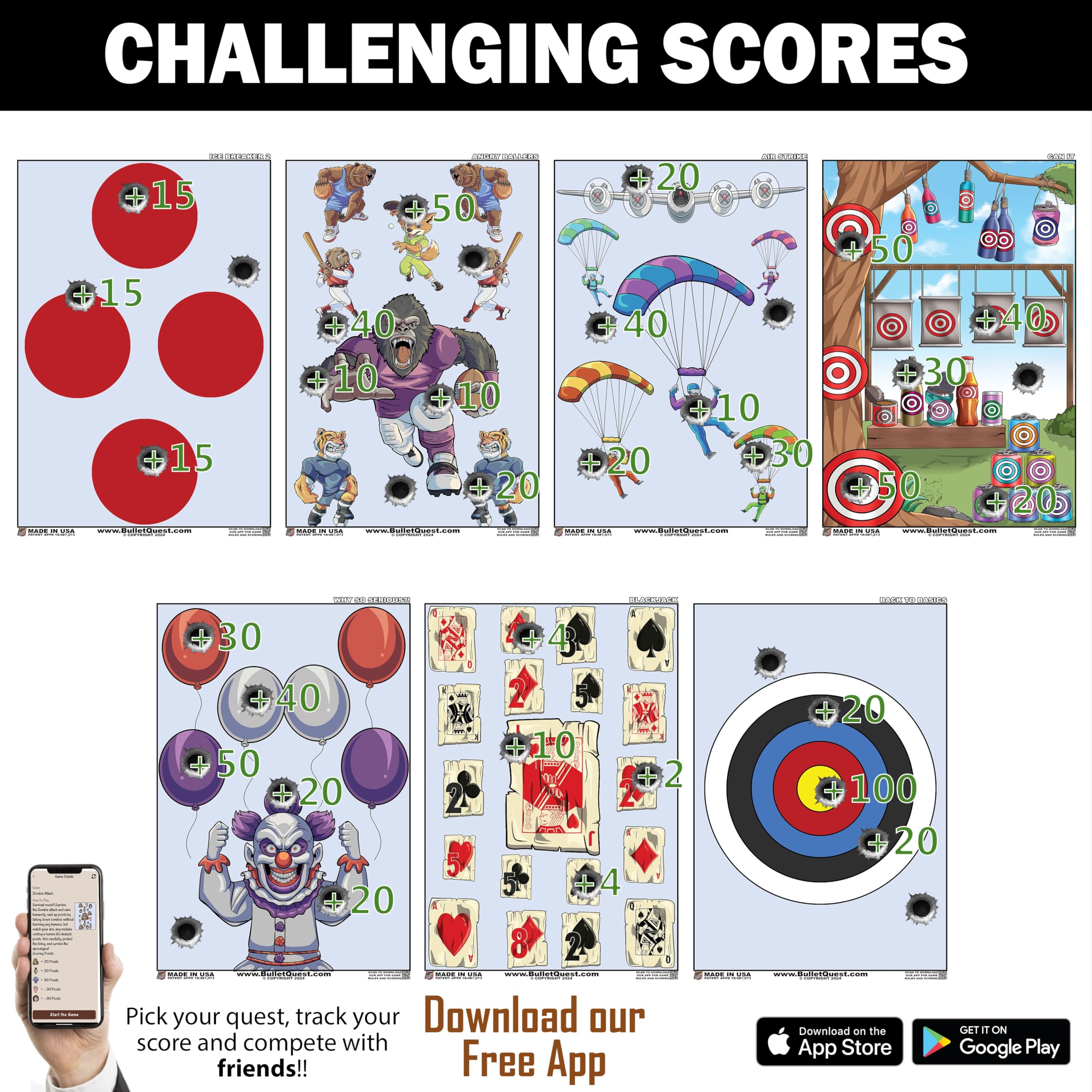BulletQuest Shooting Range Target Game Set - 7 Unique Designs in 2 Sizes - 1-2 Players - First of Its Kind, Indoor & Outdoor Shooting, Patent Pending, App Tracking & Analysis (Game 2, 12x18)