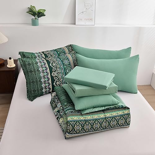 Miniatura 7 de Juego de edredón verde bohemio, tamaño Queen, 8 piezas en una bolsa, juego de edredón bohemio a rayas, juego de edredón y sábanas de cachemira verde