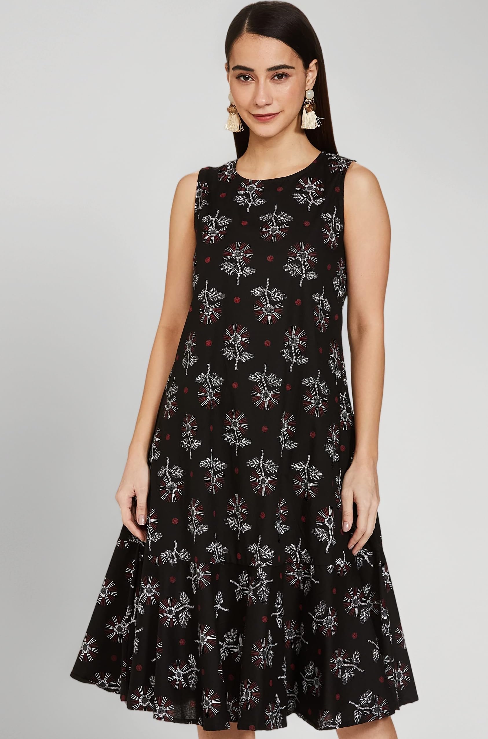 Women's Cotton Knee-Length Rayon A-line Dress (PAG 101_Ink DOT Floral Black_L)