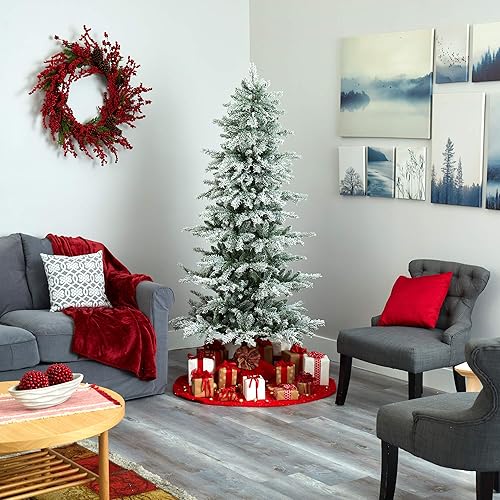 Miniatura 7 de Nearly Natural Árbol de Navidad artificial de abeto de Nueva Escocia flocado delgado de 6.5 pies con 300 luces LED blancas cálidas y 699 ramas