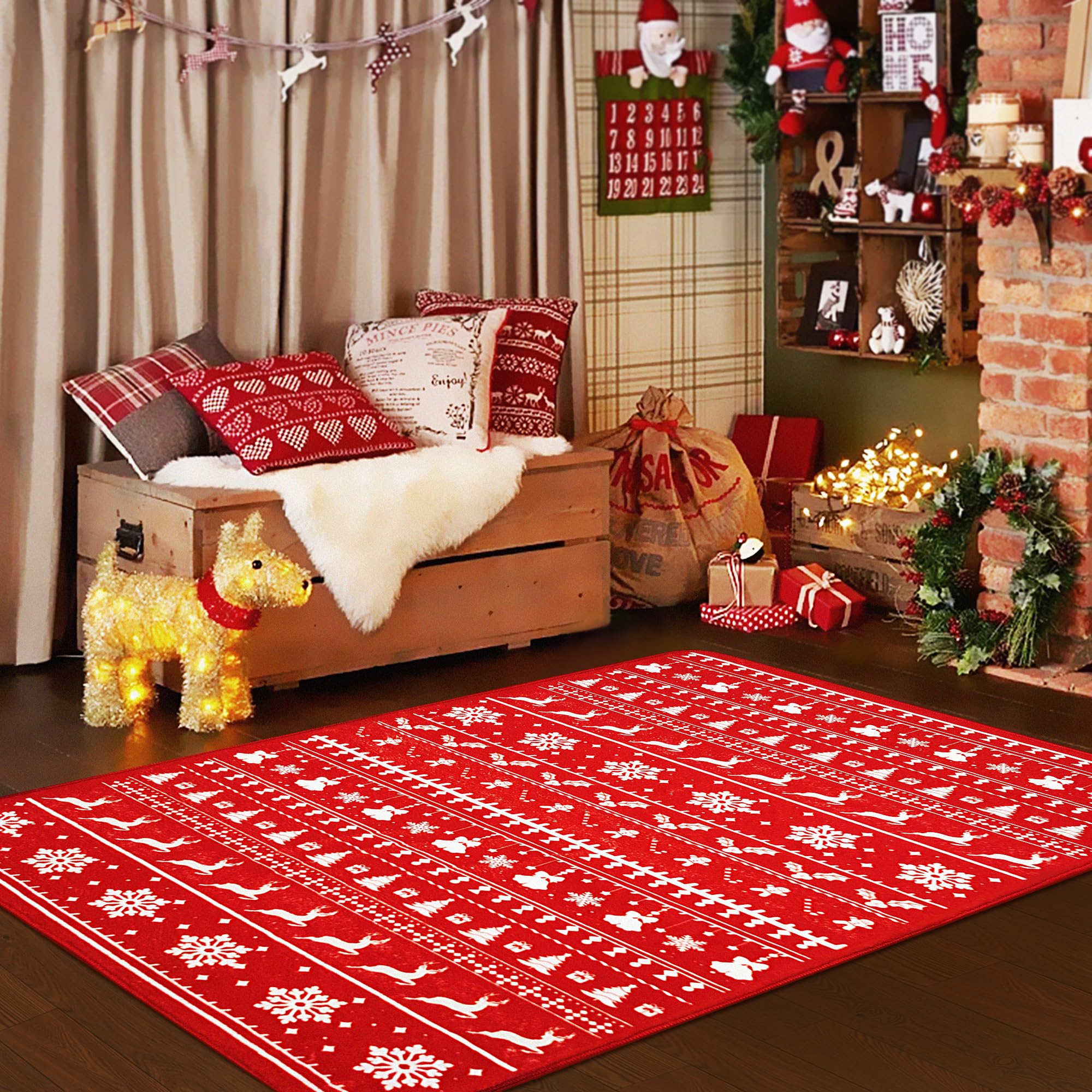 Alfombra de Navidad de 3 x 5 pies, diseño de copos de nieve y árbol de Navidad, alce, de perfil bajo, lavable a máquina, alfombra de interior, decorativa, antideslizante, para sala de estar y