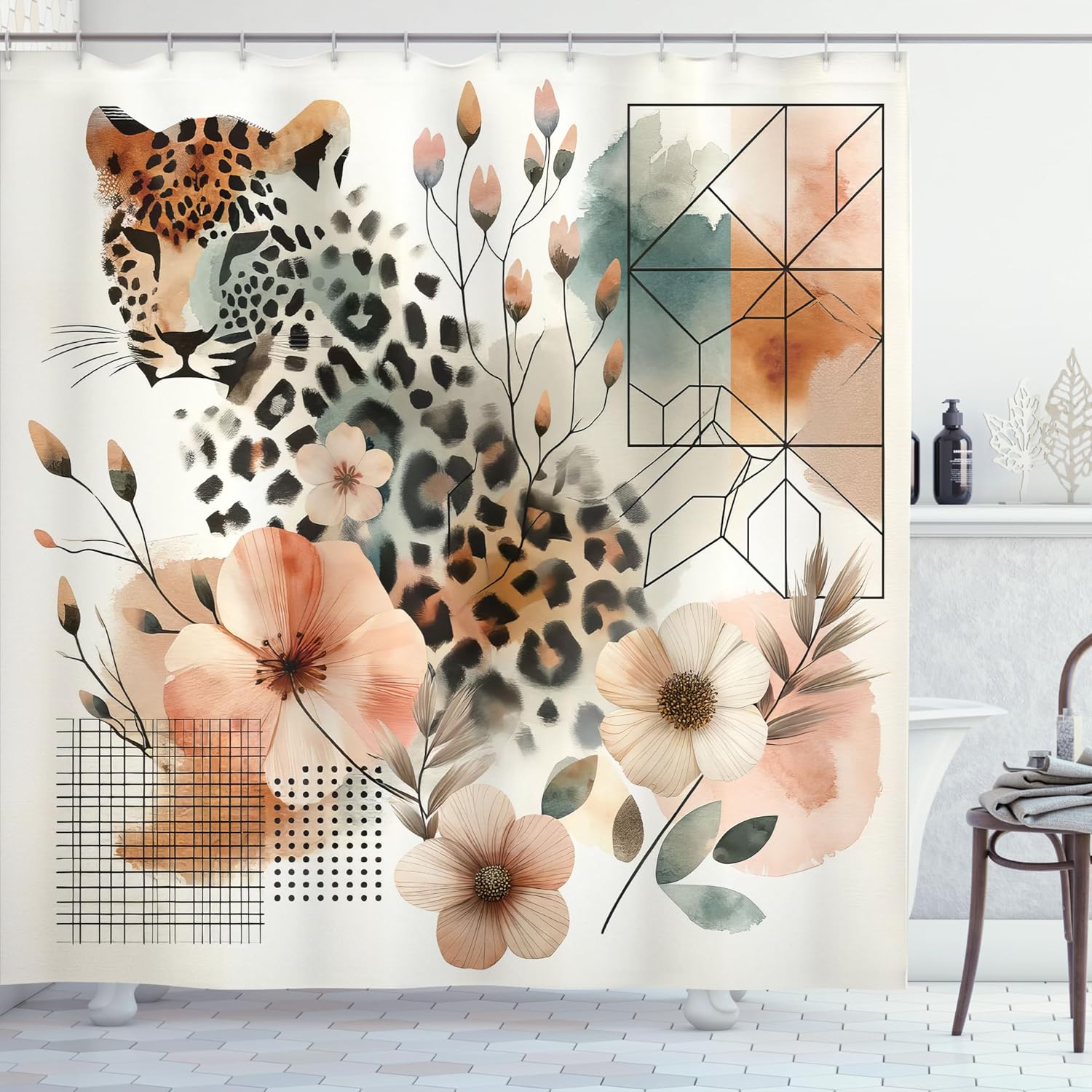 Ambesonne Leopard Shower Curtain, Watercolor Painting Print of Tender Abloom Flowers and Jungle Cat, Cloth Fabric Bathroom Decor Set with Hooks, 69" W x 75" L, Peach Ginger and Grey Teal