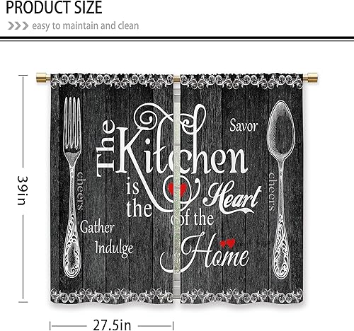 Miniatura 2 de Cortinas rústicas negras de cocina rústicas de madera de madera, cortinas cortas para ventana de cafetería, tenedor, cuchara, estilo retro, granero,