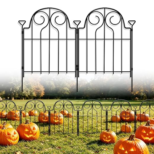 Decorative Garden Fence 17in x 10ft,10 Panels,Metal Halloween Fence Black