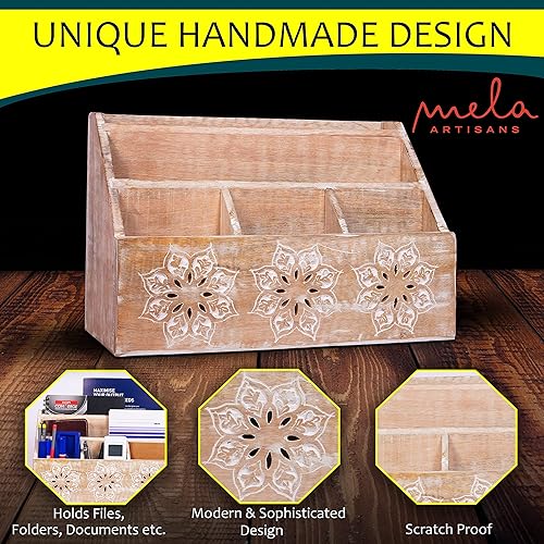 Miniatura 7 de Mela Artisans Serena Whitewash - Organizador de escritorio de madera de mango para mesa con 5 compartimentos, accesorios de escritorios rústicos