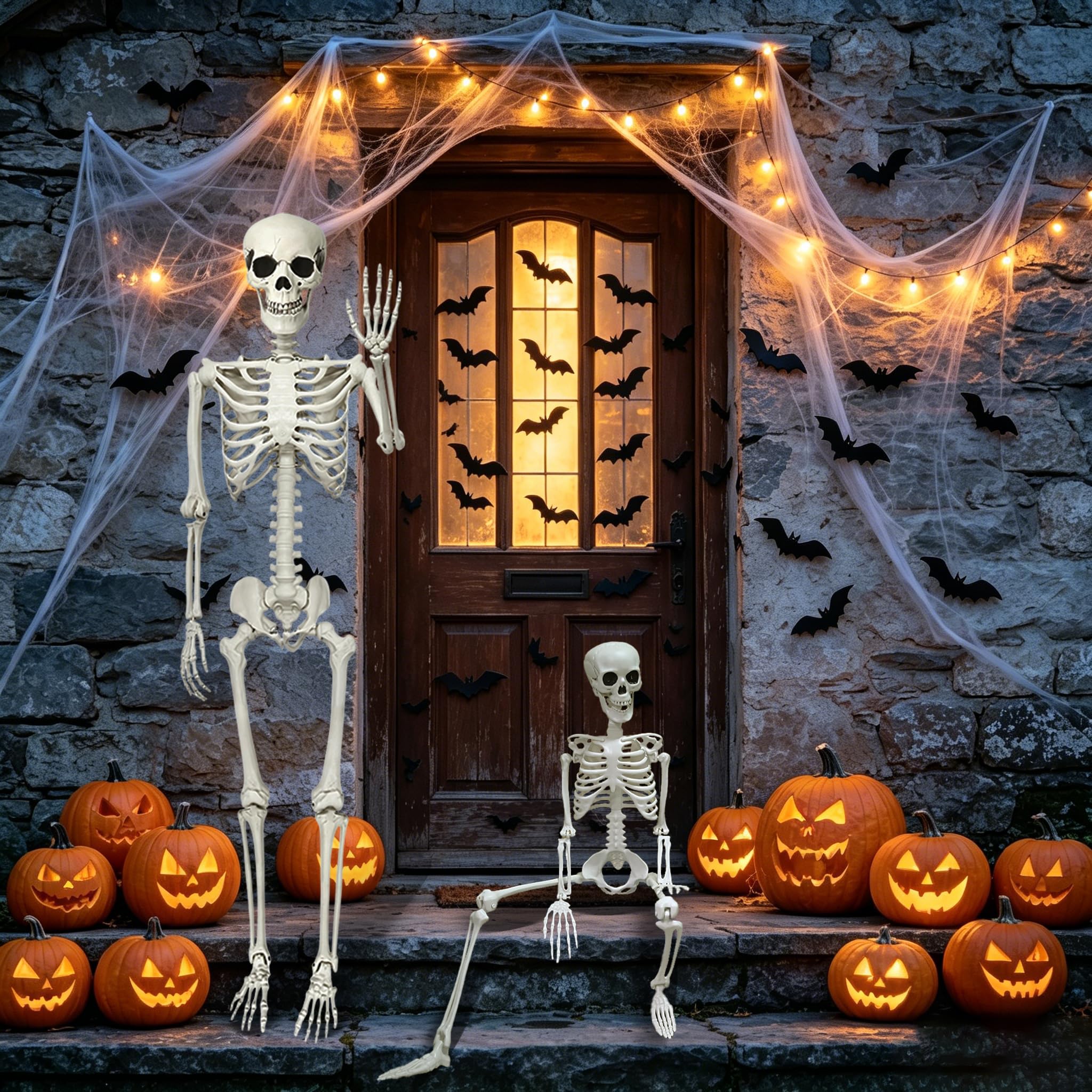 CAMIRUS Szkielet na Halloween, 1,6 m, pełnowymiarowy szkielet ze szkieletem psa, możliwe ludzkie szkielety, realistyczne plastikowe kości na Halloween, nawiedzony dom, straszny wystrój