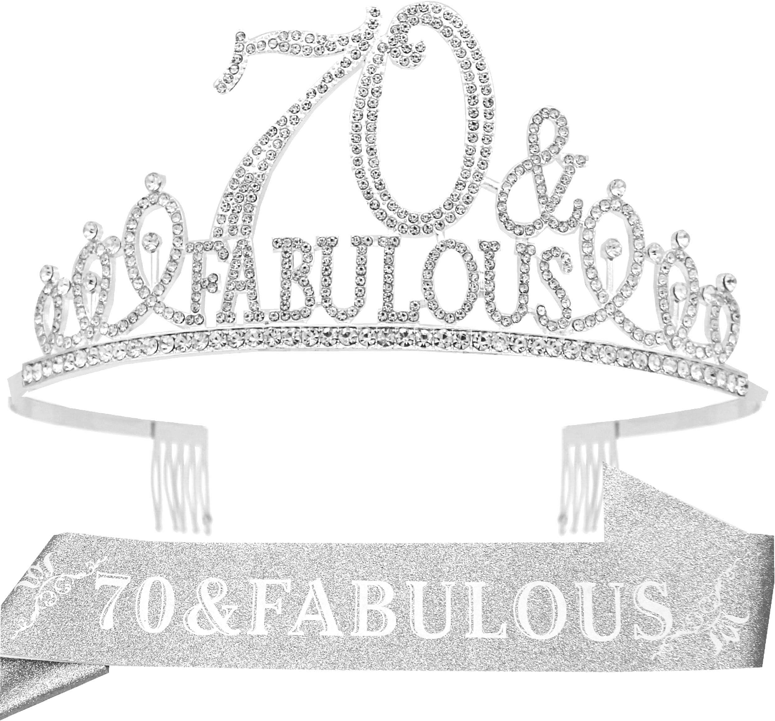 70th Birthday Gifts for women,70th Birthday Tiara and Sash Silver,70th Birthday Decorations Party Supplies,70&FABULOUS Birthday Satin Sash Crystal Tiara Birthday Crown for 70th Birthday Party Decor