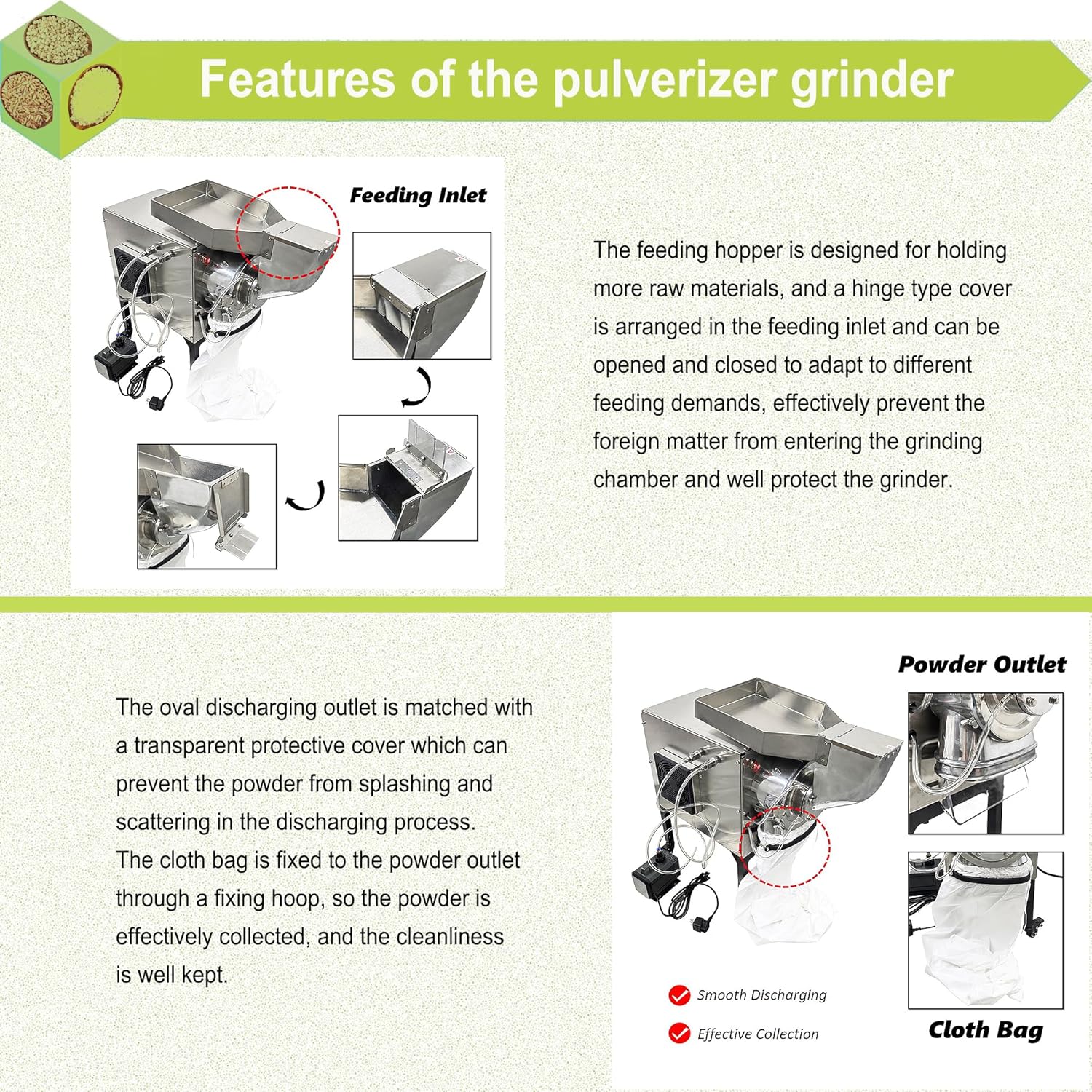 Commercial Herb Grinder, Horizontal Continuous Feeding Hammer Mill Grinder & Pulverizer, 60-180 Mesh Fineness, 1-60kg/h, Water-Cooled 220V 3.5KW Pulverizer for Grain Spice Herbs Seasoning
