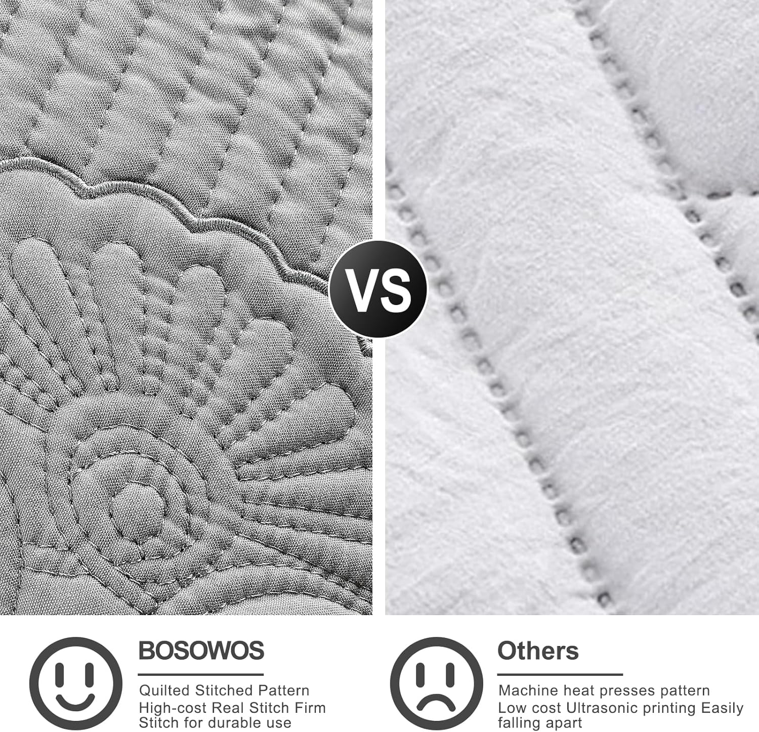 BOSOWOS Pillow Shams Standard Size Set of 2, Ultra Soft Breathable Quilted Embroidery Pillow Cases 20 x 26 Inches for Sleeping, Decorative Microfiber Bed Pillowcase Easy Care, Gray - Image 3