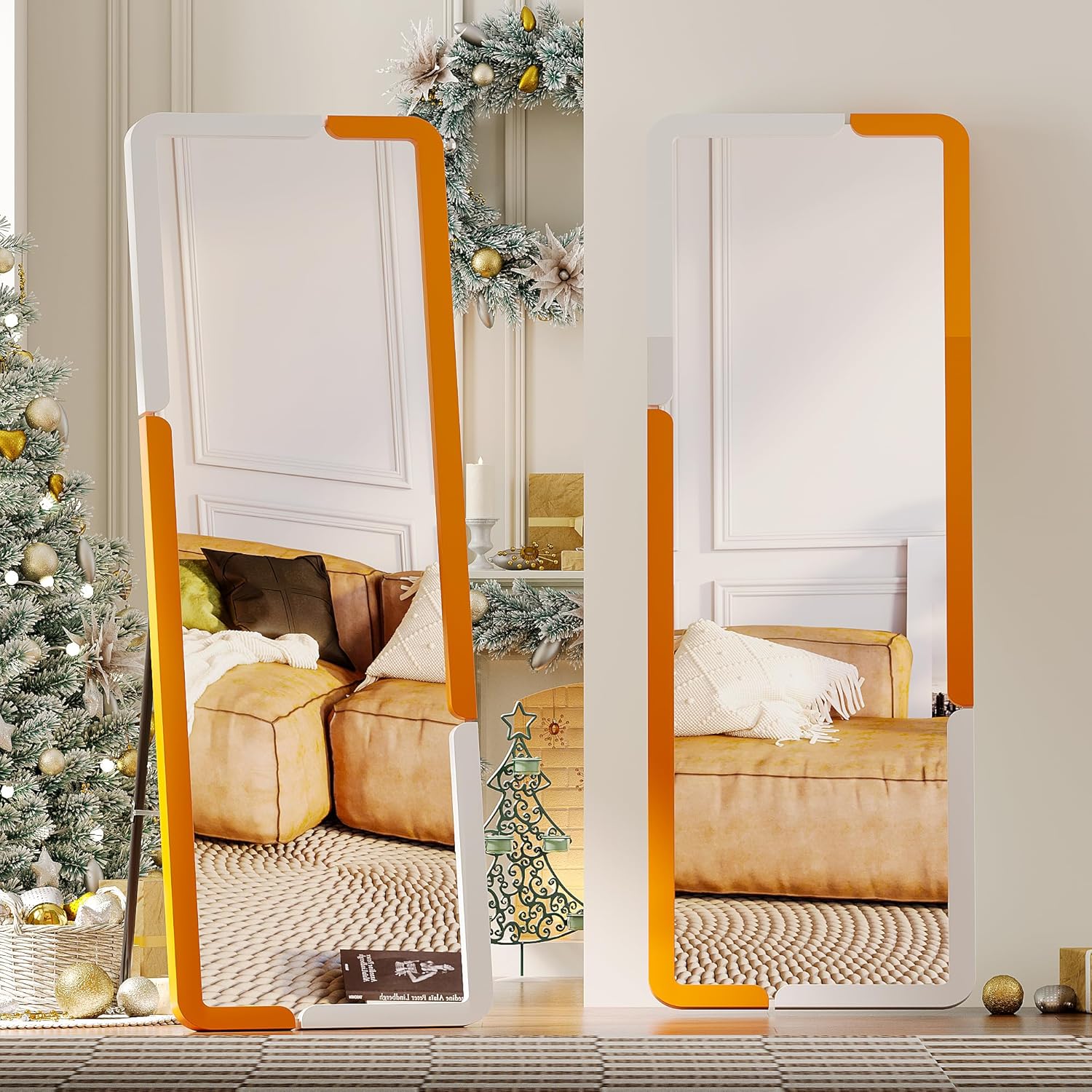 Lvifur Full Length Mirror with Stand 63" x 16", Large Full Body Floor Mirror for Bedroom, Wooden Full Size Dressing Room (Orange) 63"x16" Rgb Orange Stand