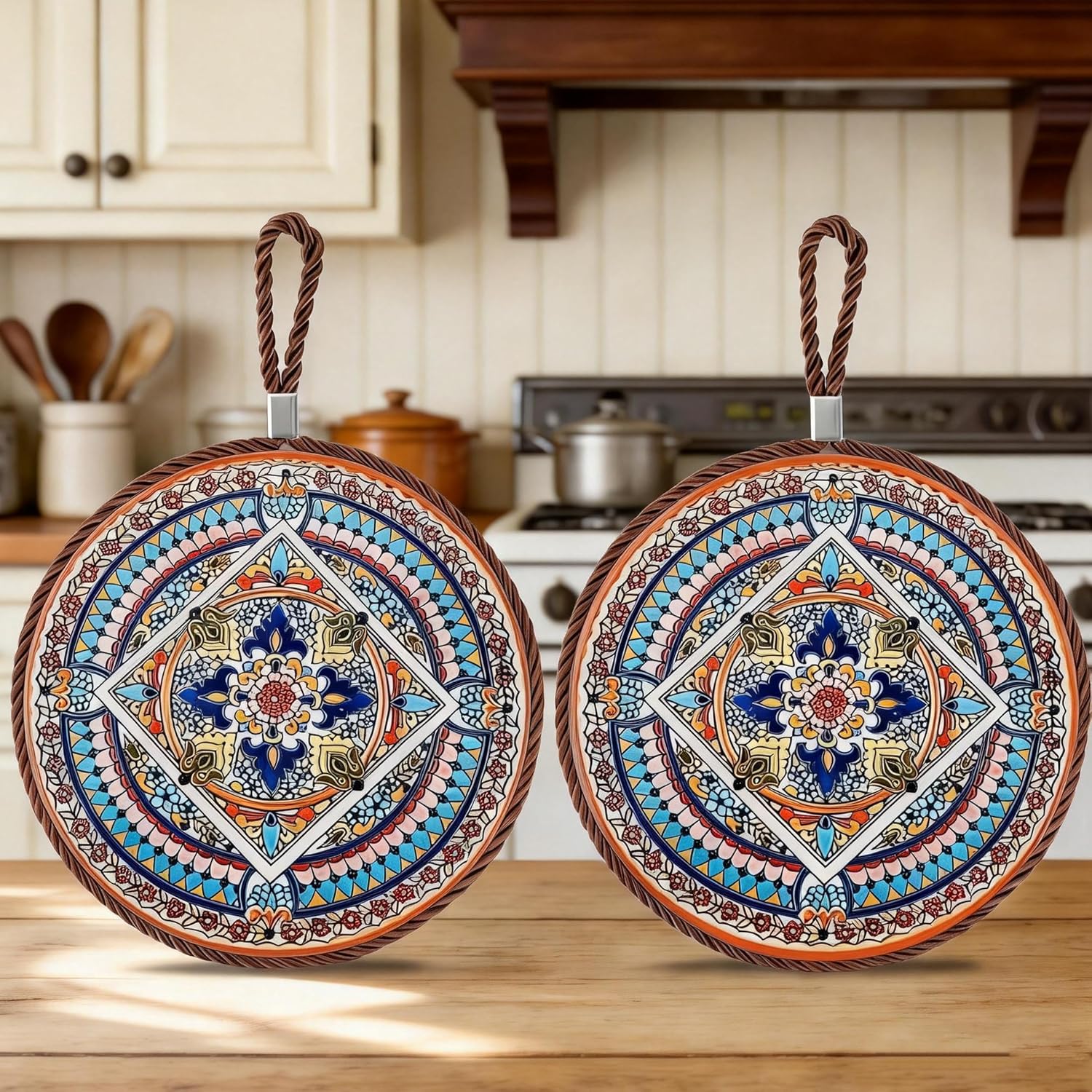 2026 New Upg Ceramic Wooden Trivets for Hot Dishes, Persian Hot Pads for Kitchen, Holiday Decorations Trivet for Hot Dish, Pots, Pans, Bowls & Teapots, Hot Pads for Table/Countertop/Kitchen Decor