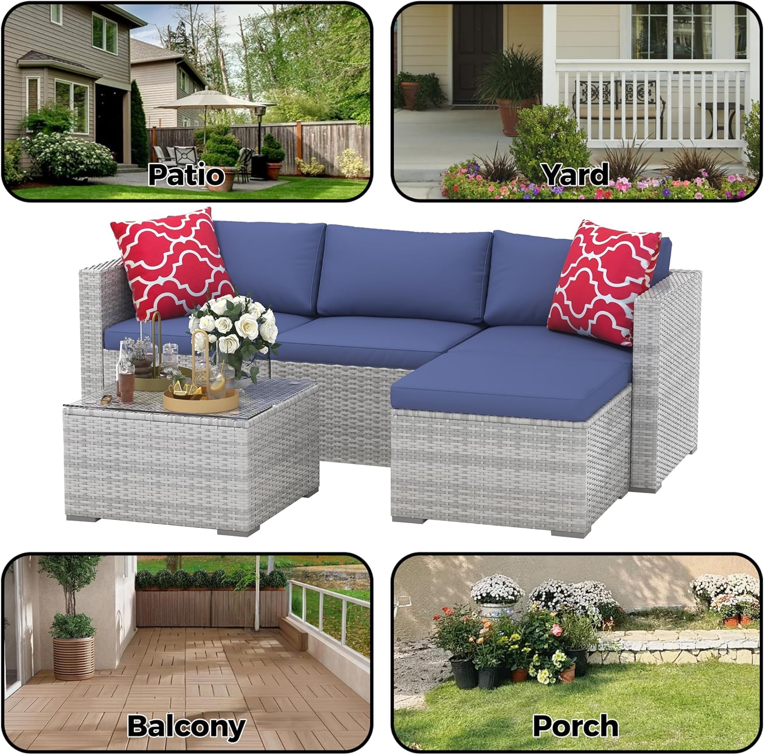 IDEALHOUSE 5-Piece Outdoor Sectional Sofa Set – All-Weather PE Rattan Conversation Furniture with Tempered Glass Table, Waterproof Blue Cushions & Footstool – Garden, Porch, Poolside – Gray Gradient