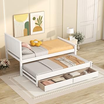 Merax Classic Solid Wooden Bed Farme with Trundle Bed and Drawers Storage Sofa Bed for Living Room Bedroom Guest Room Space Saving,White
