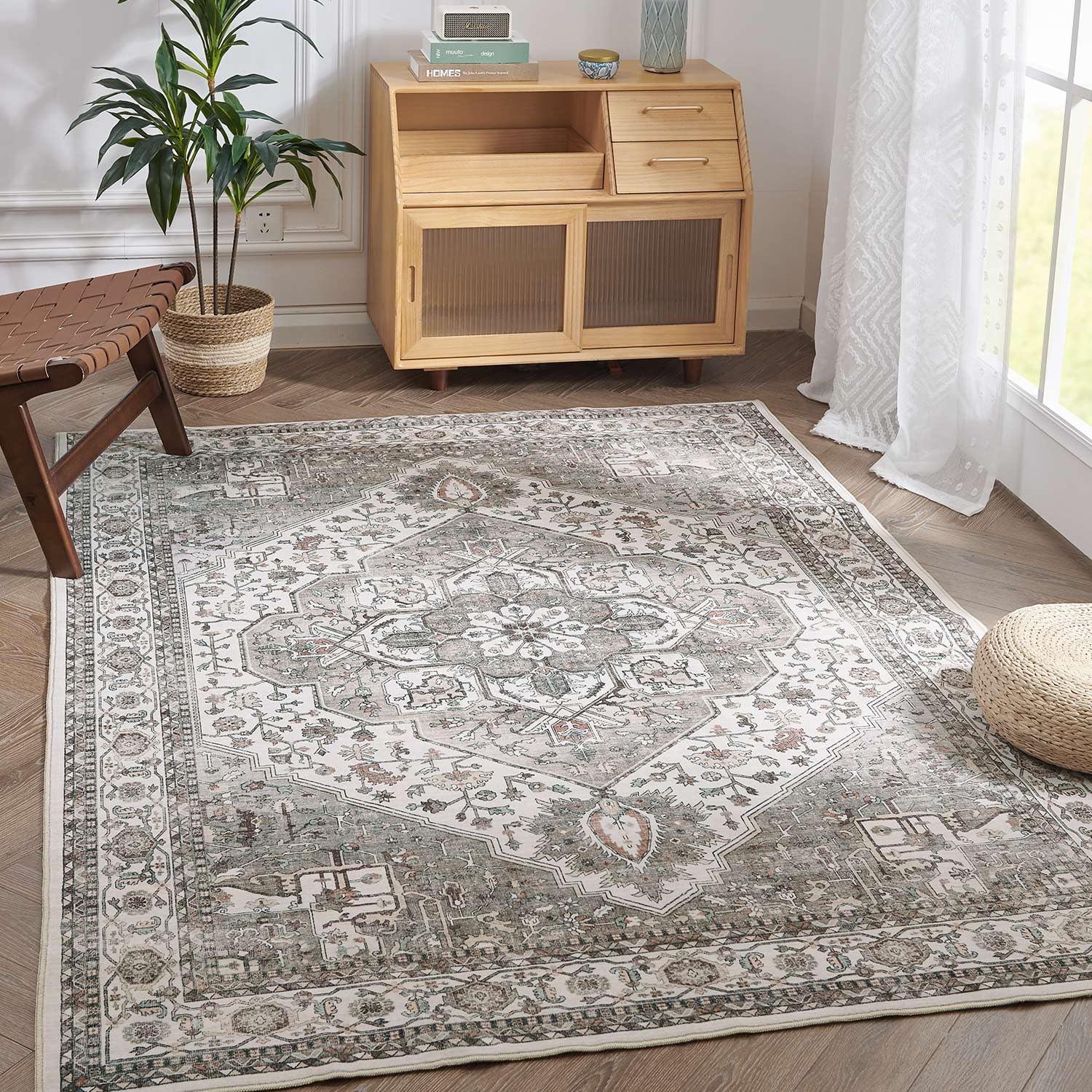 jinchan Area Rug 3x5 Washable Bedroom Area Rugs Soft Indoor Floor Mat Non-Slip Grey Taupe Vintage Accent Throw Carpet Floor Cover for Kitchen Living Room Bedroom Dining Room