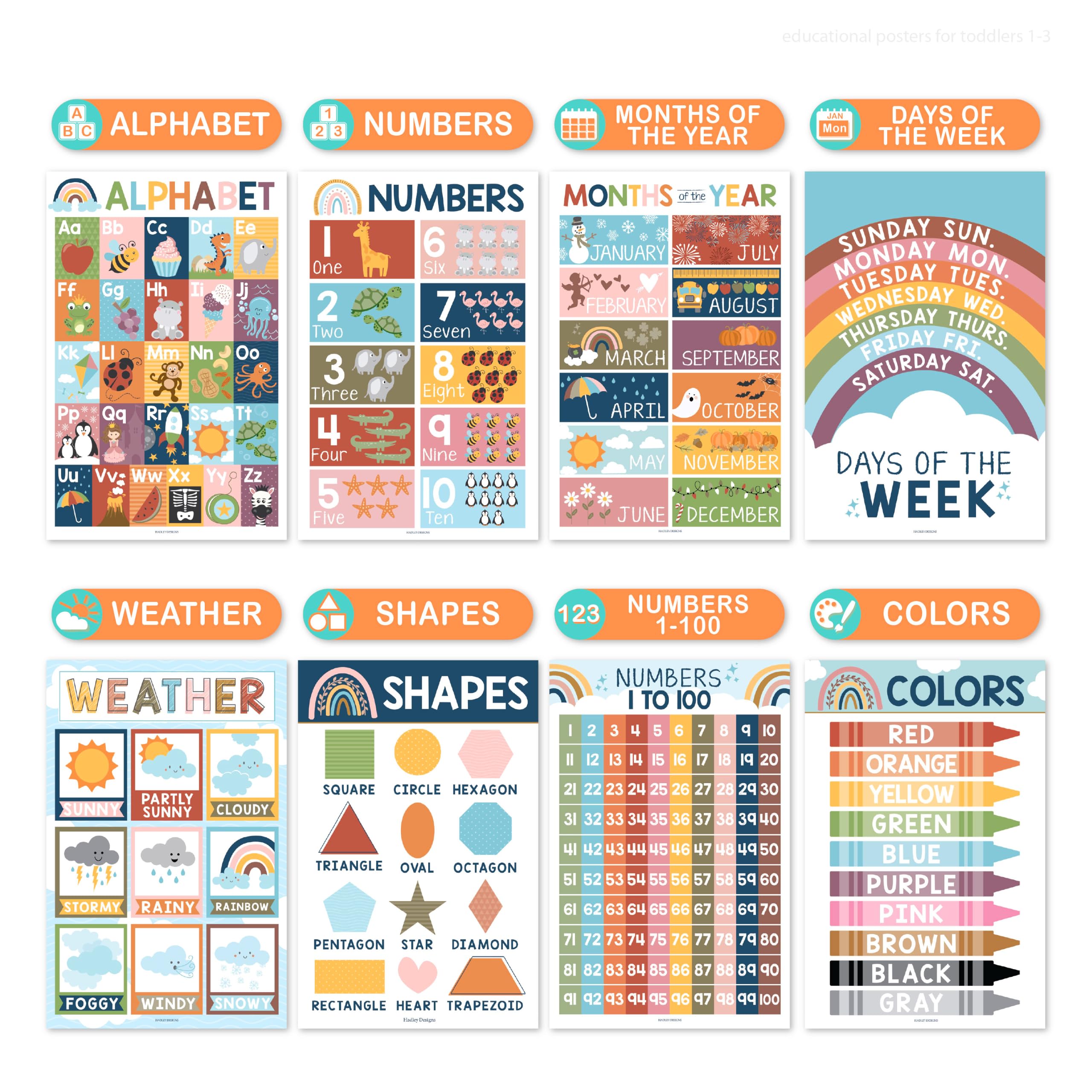 Hadley Designs 16 affiches éducatives pour enfants en préscolaire et à la maternelle, laminées, alphabet, chiffres, couleurs, formes, jours de la semaine, décoration bohème, 1 à 3 ans (anglais)