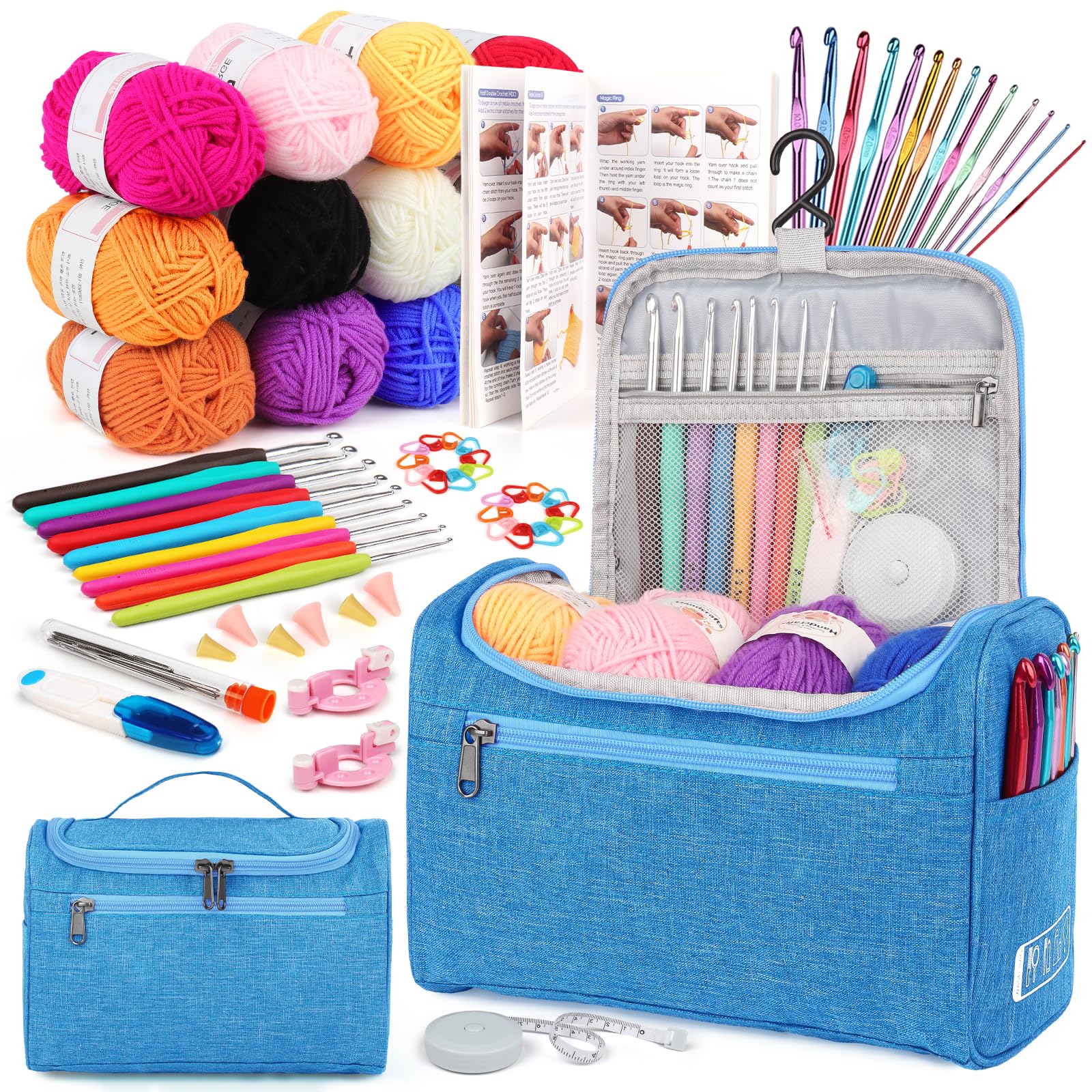 Aeelike Crochet Kit for Beginners, 76 PCS Crochet Starter Kit with Instructions 12Pcs x 25g Crochet Yarn Metal Crochet Hooks 2mm-10mm and Accessories, Crochet Kits for Beginners Adults Advanced - Blue