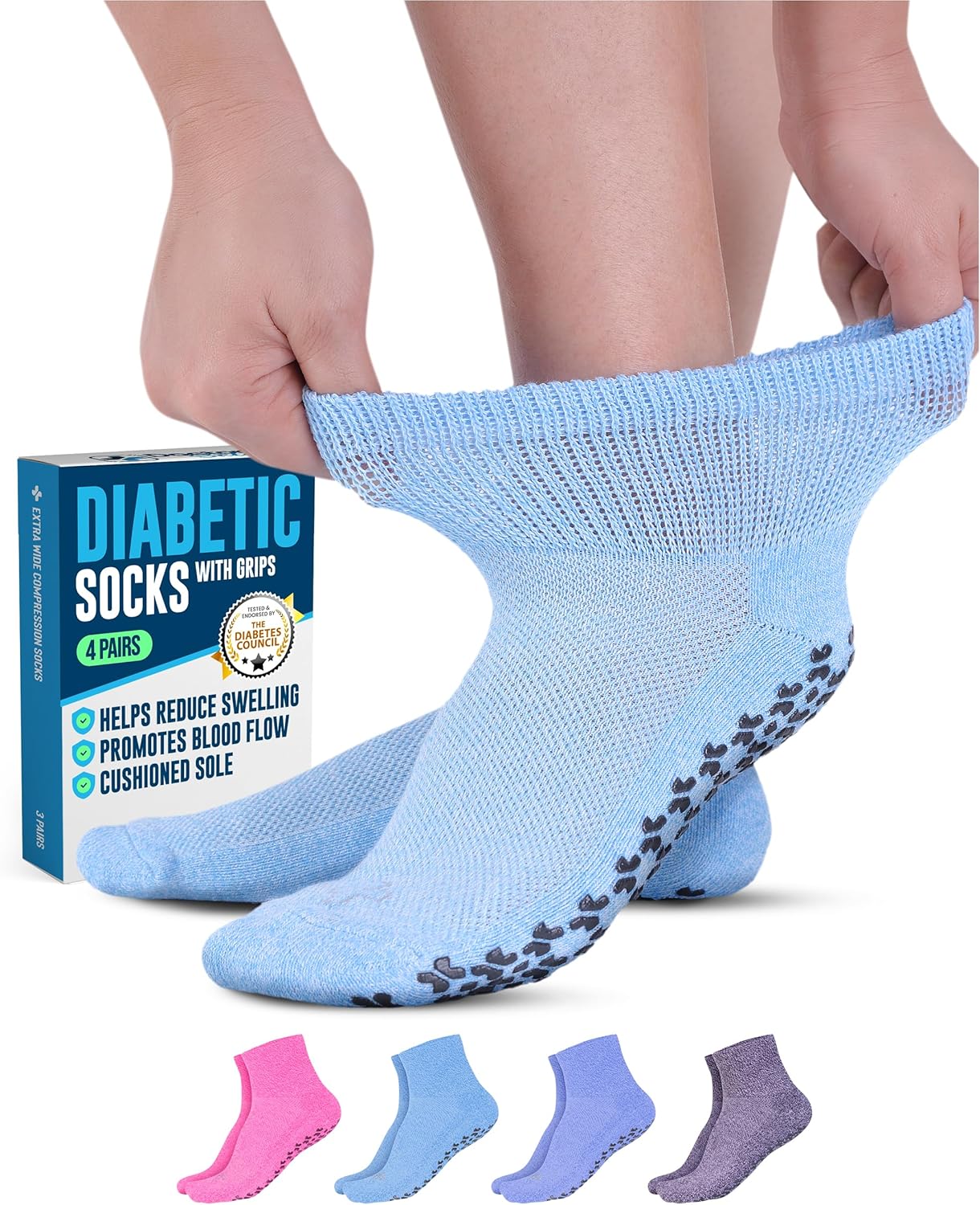 Doctor's Select Diabetic Ankle Socks with Grippers for Men and Women - 4 Pair 1/4 Length Neuropathy Socks for Women