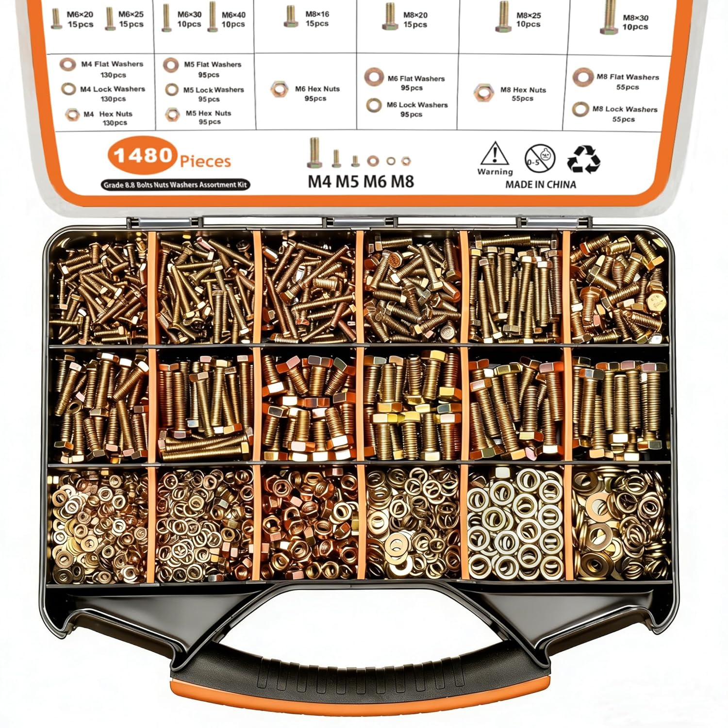 1480pcs Metric Nuts and Bolts Assortment Kit, M4 M5 M6 M8 Bolt Assortment, Grade 8.8 Alloy Steel with Yellow Zinc Plated, Length from 12-30mm