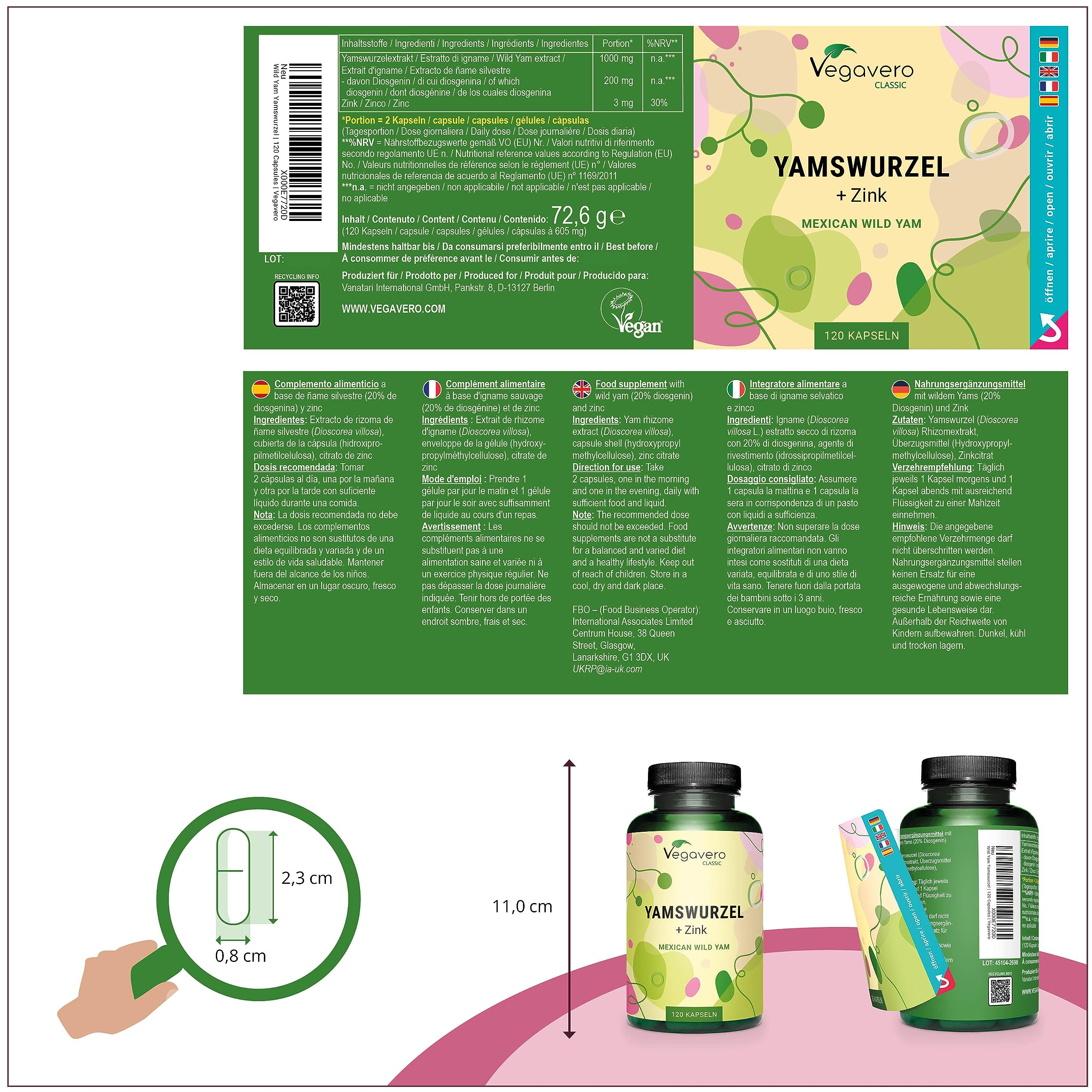 Igname Sauvage | Avec Zinc | Extrait Fortement Dosé : 1000 mg | 20% Diosgénine | 120 Gélules | SANS ADDITIFS et VEGAN | Vegavero®
