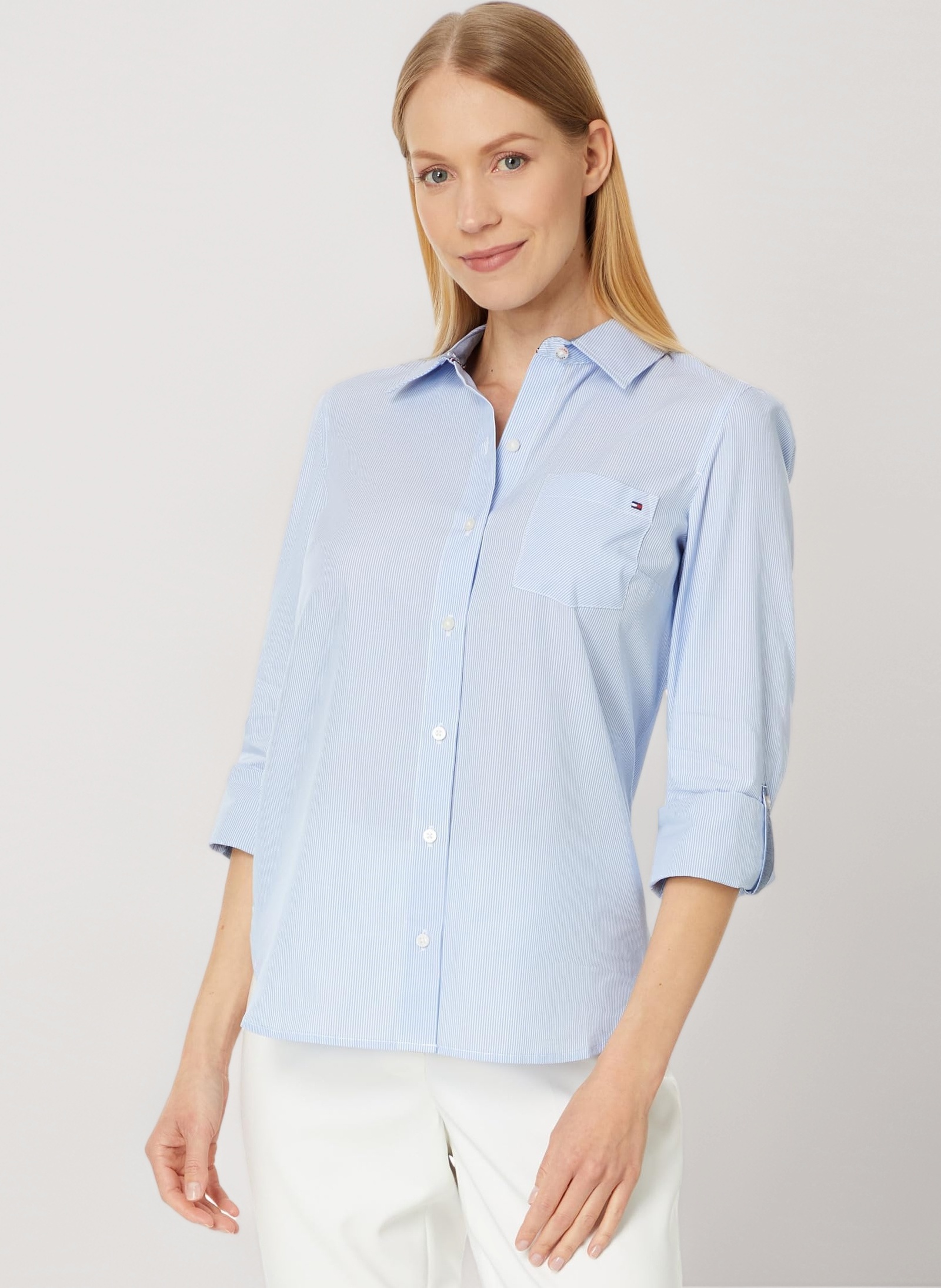 Tommy Hilfiger Women's Women's Classic Long Sleeve Roll Tab Button Down Shirt (Standard and Plus Size) ROLL TAB DOT (Pack of 1)