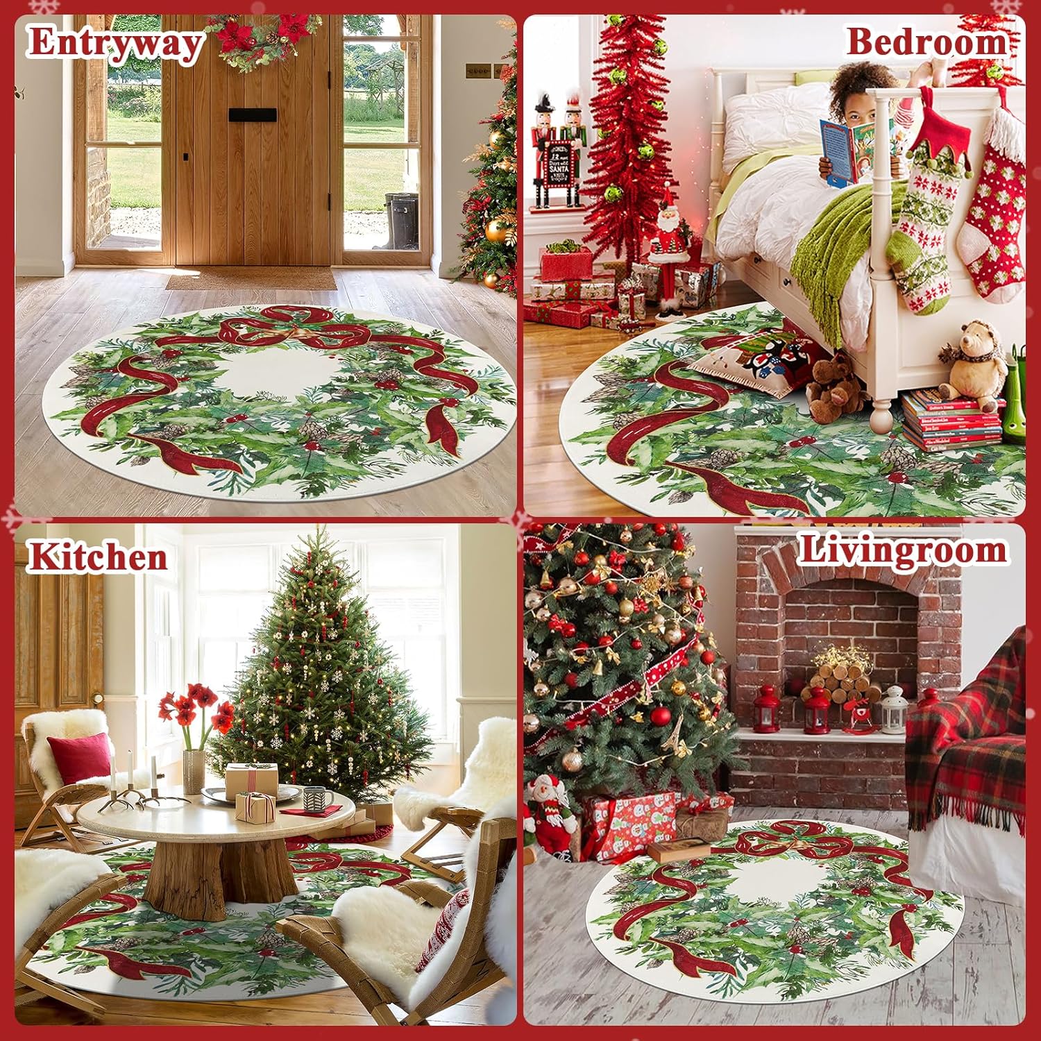 U'Artlines Christmas Washable Round Area Rug 6ft Bell Leaves Laundry Rug Runner Non Slip Soft Throw Rugs Carpet for Entryway Living Room Bedroom White