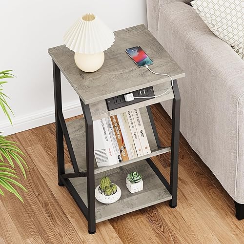 Miniatura 4 de Amyove Mesa auxiliar con estación de carga, mesa auxiliar gris con puertos USB y tomas, mesa auxiliar de almacenamiento de granja en sala de estar,