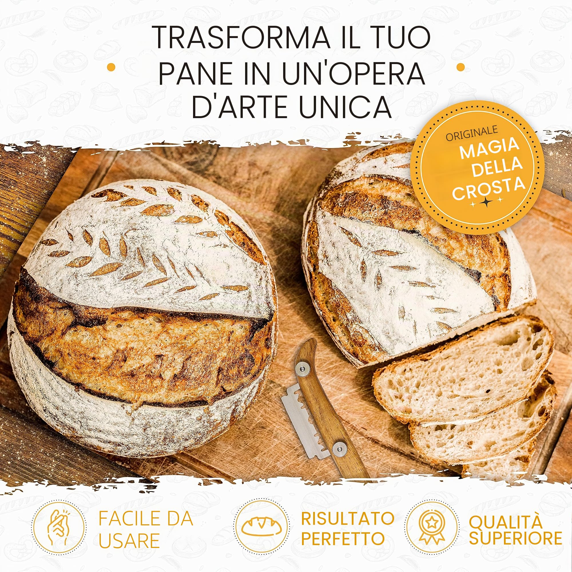 KRUSTENZAUBER Cestino per la lievitazione per il pane + coltello da panetteria, set di 2 cestini e 2 coltelli da pasta, accessori per la cottura, cestino per il pane, teglia per il pane e il pane