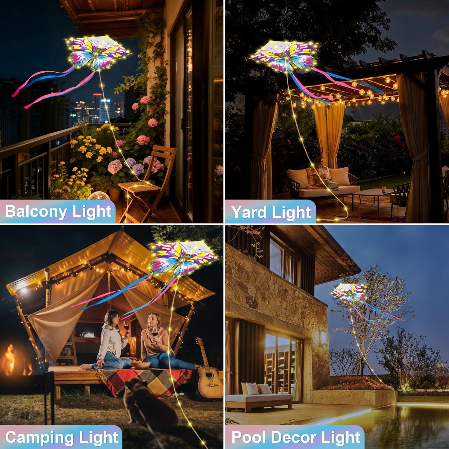Toodour Solar Outdoor Lights, 2.9Ft 174 LED Solar Camping Lights Kite Butterfly Lights with 8 Modes, Waterproof Warm White Solar Garden Lights for Home Yard Patio Decor - Purple & Red Butterfly