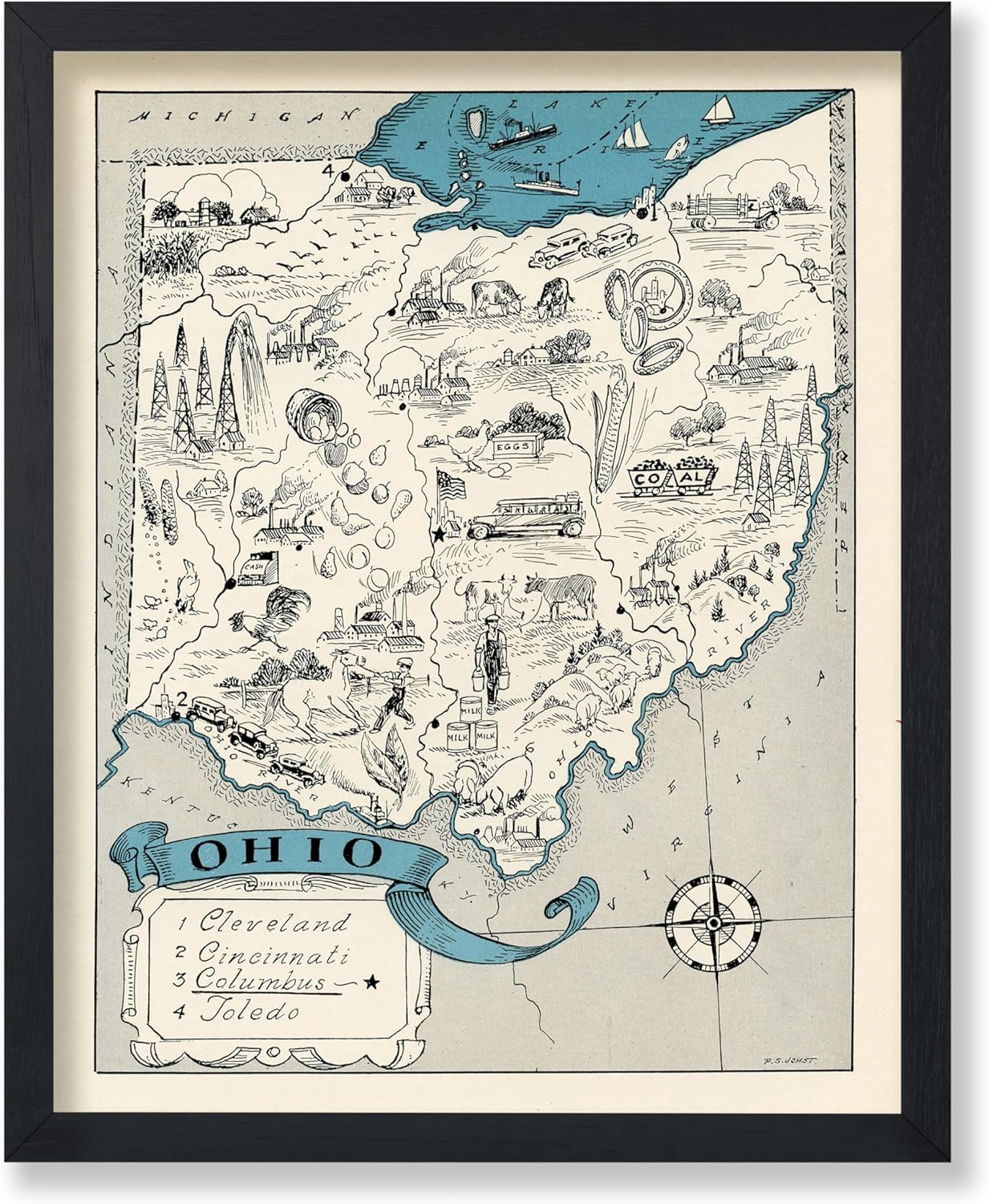 Poster Master Vintage Ohio State Print - Retro Map Poster - Educational Art - Gift for Teacher, Student, Travel Lover - Wall Decoration for Classroom, Office, Dorm - 16x20 UNFRAMED Wall Art