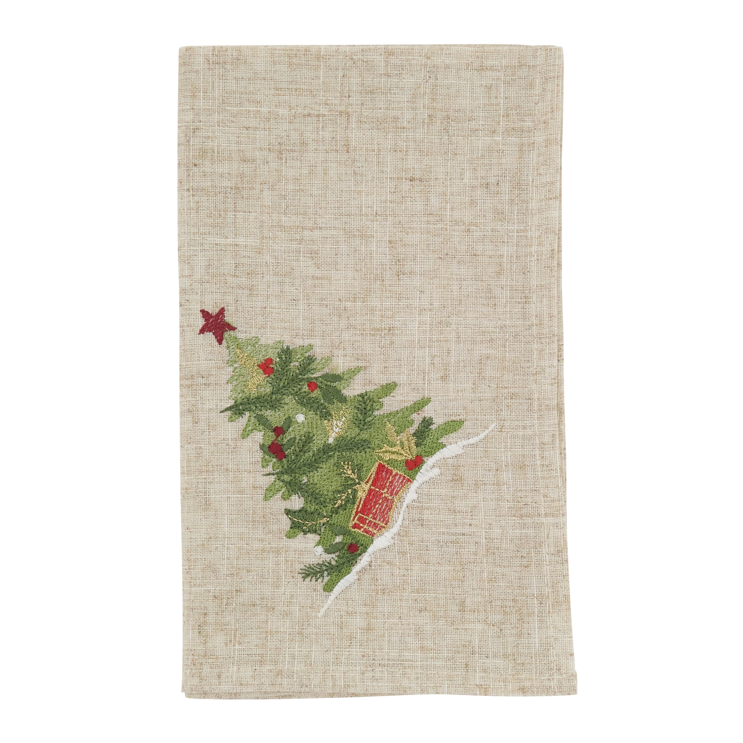 SARO LIFESTYLE Embroidered Christmas Tree Cloth Napkins (Set of 4) - Holiday Dinner Napkins for Christmas Entertaining & Festive Table Décor, 20"x20", Natural