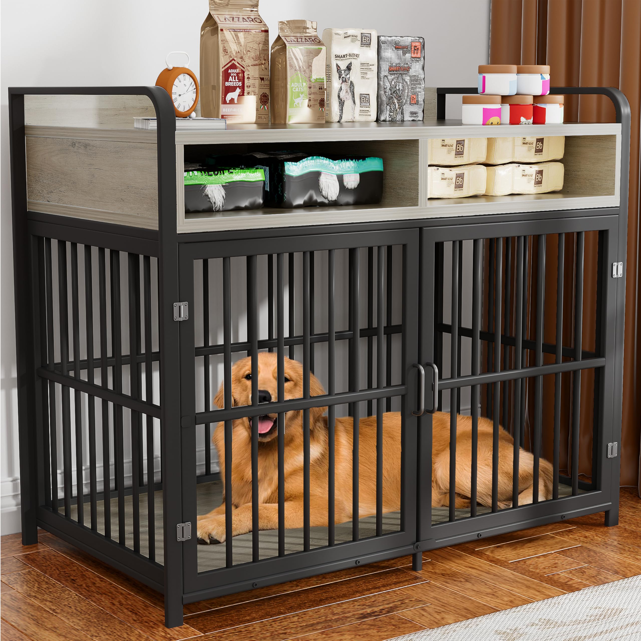 Large Furniture Dog Crate, Dog Kennel Indoor, Wood Dog Cage Table with Drawers Storage, Heavy Duty Dog Crate, Jaula para Perros, Sturdy Metal, 40.5" L