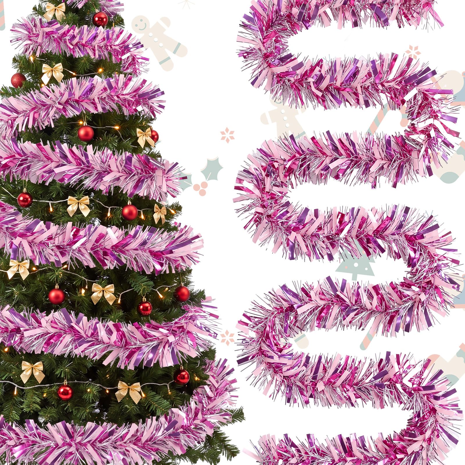 177 Feet Christmas Tinsel Garland Metallic Shiny Hanging Christmas Tree Tinsel Garland Ornaments for Indoor Outdoor Party Wedding Holiday(Pink, Rose Red, Silver)
