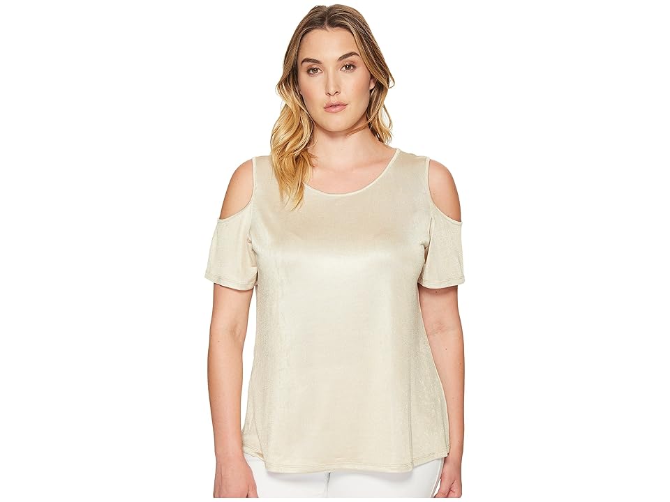 

Calvin Klein Plus Plus Size Metallic Cold Shoulder Top (Gold) Women's Short Sleeve Knit