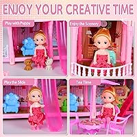 Vista 3 de OCTERIC Casa de Muñecas para Niñas, Casa de Muñecas Rosa de 10 Habitaciones con 2 Muñecas, Luces, Cachorros, Muebles, Accesorios, Casa