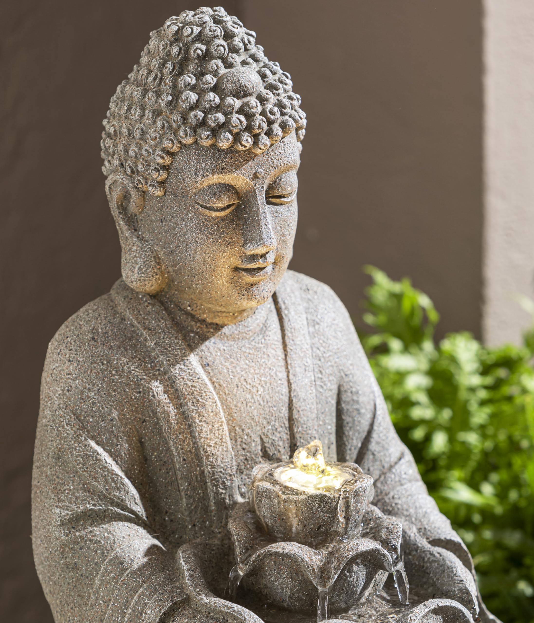 Dehner Gartenbrunnen Yoga, Outdoor-Brunnen, mit LED-Beleuchtung, solarfähig, ca.36,5x55x36,5 cm, Polyresin, grau