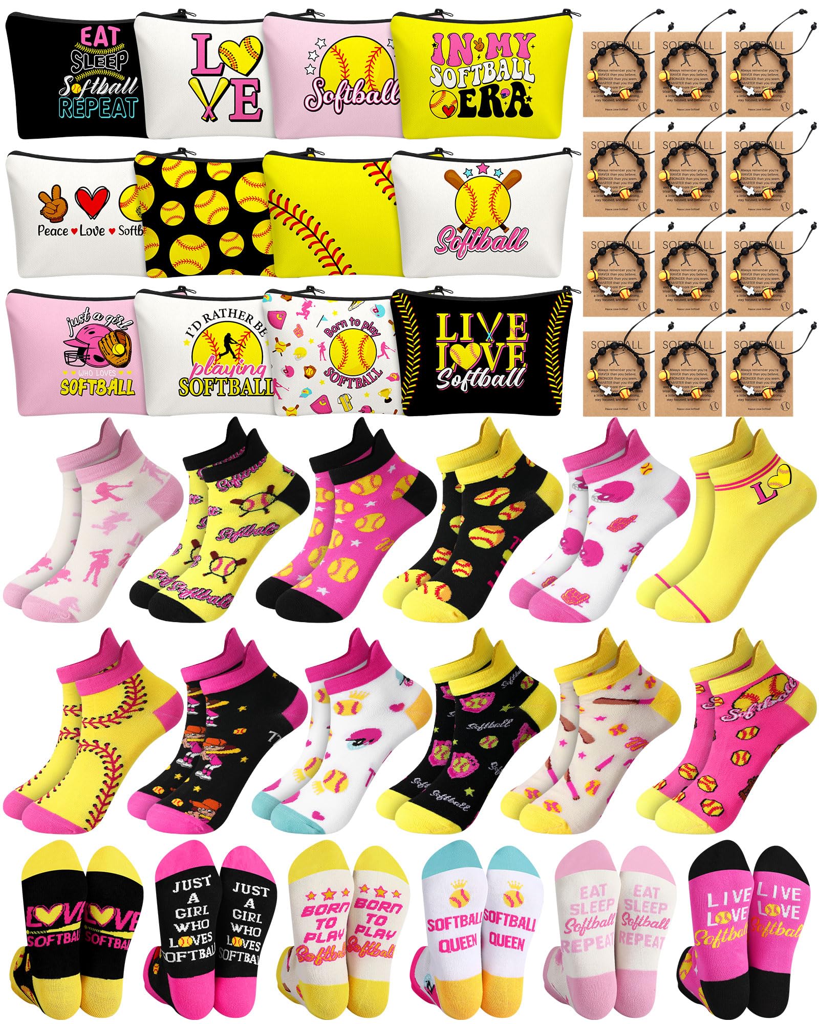 48 Pcs Softball Team Gifts for Women Include Cosmetic Bags Socks Bracelets and Cards for Teen Girls Players Coach