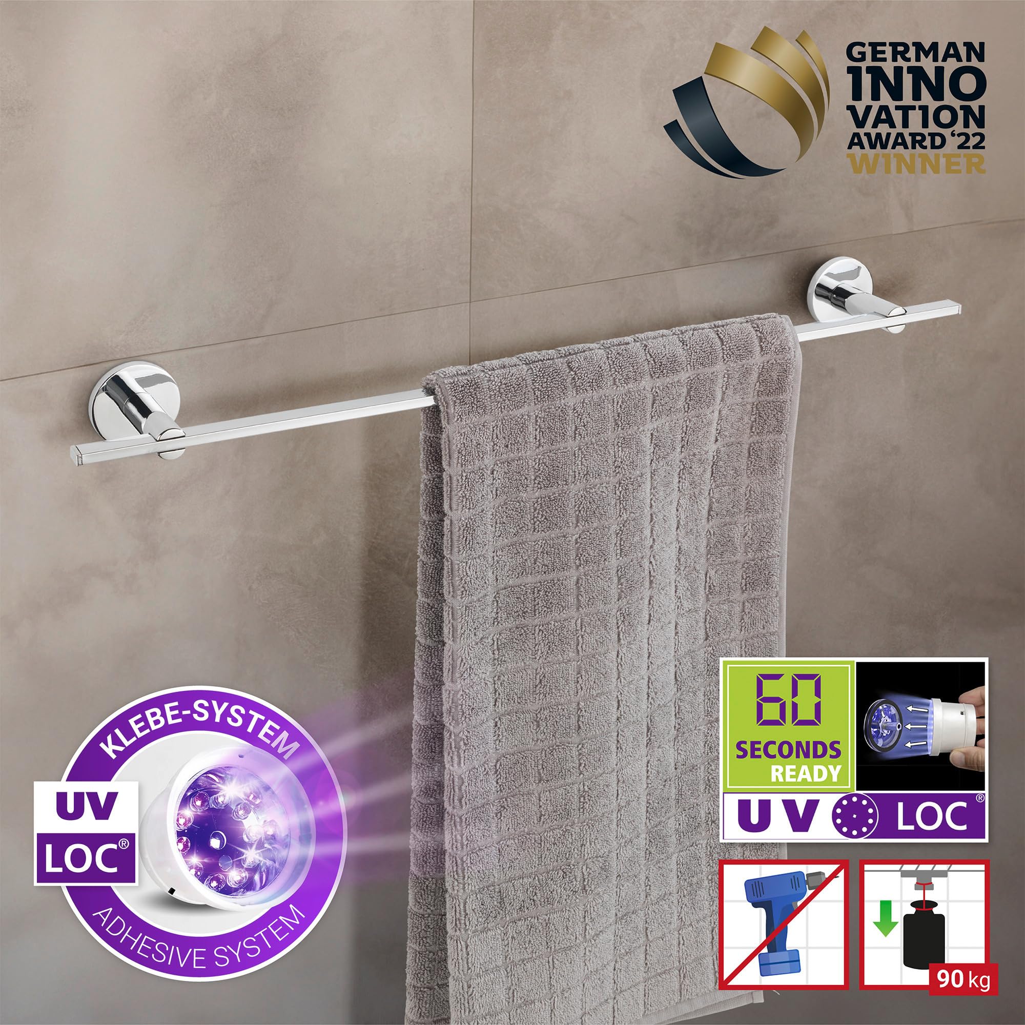 WENKO UV-Loc® Badetuchstange UNO Isera, Wand-Handtuchhalter aus Vierkantrohr zum Befestigen ohne Bohren mit innovativem Klebesystem, Wandmontageplatte aus Zinkdruckguss, rostfrei, 59,5 x 5 x 7,5 cm