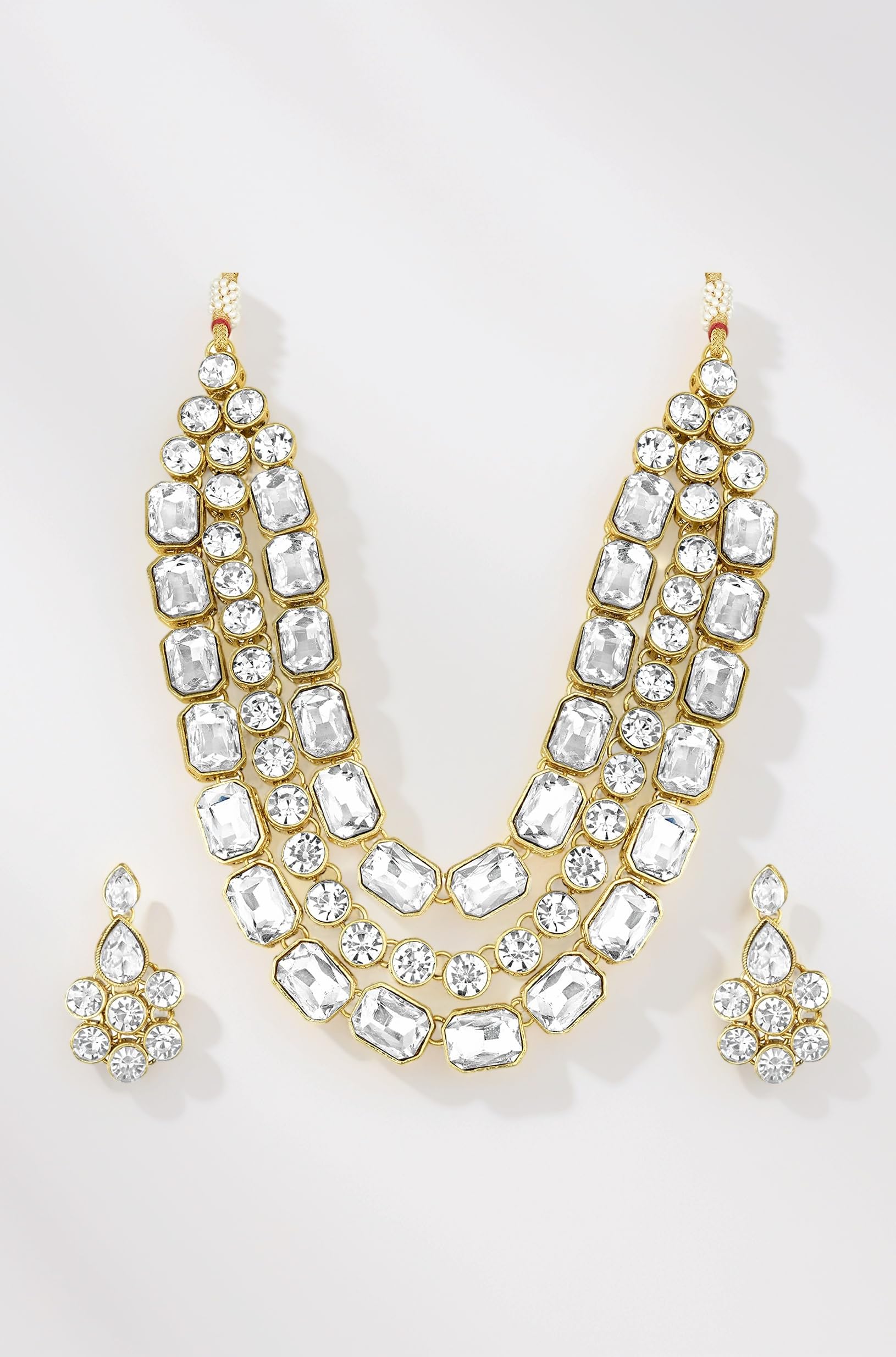 Crystal Studded Gold Plated Layered Long Necklace & Dangle Earring Jewellery Set for Women & Girls