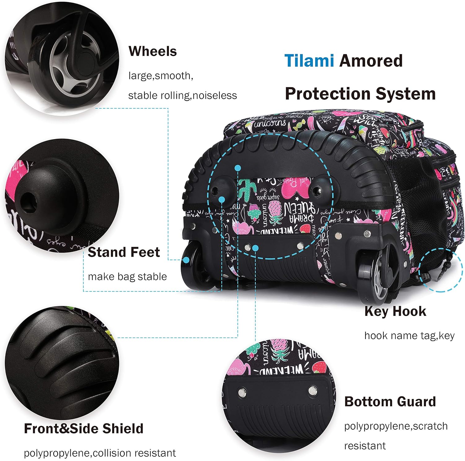 Tilami Rolling Backpack 18 inch Wheeled Backpack School College Student Travel Trip Boys and Girls - Image 6