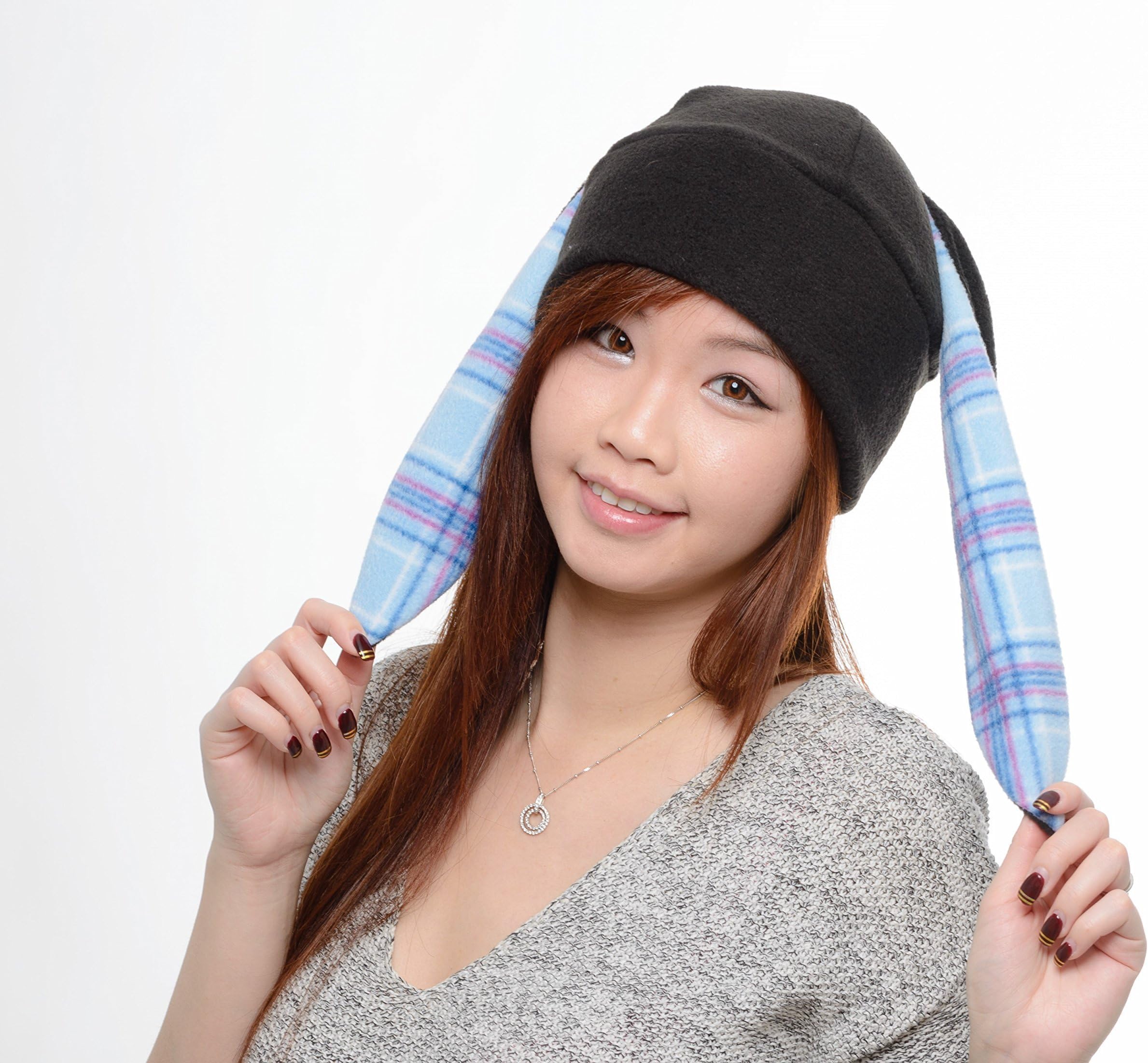 Black bunny plaid Rabbit Ear Hat Toque Beanie Animal Fleece Anime Manga Ski Snowboarding Convention Goth Punk Rave Costume Cosplay Halloween Christmas Gift