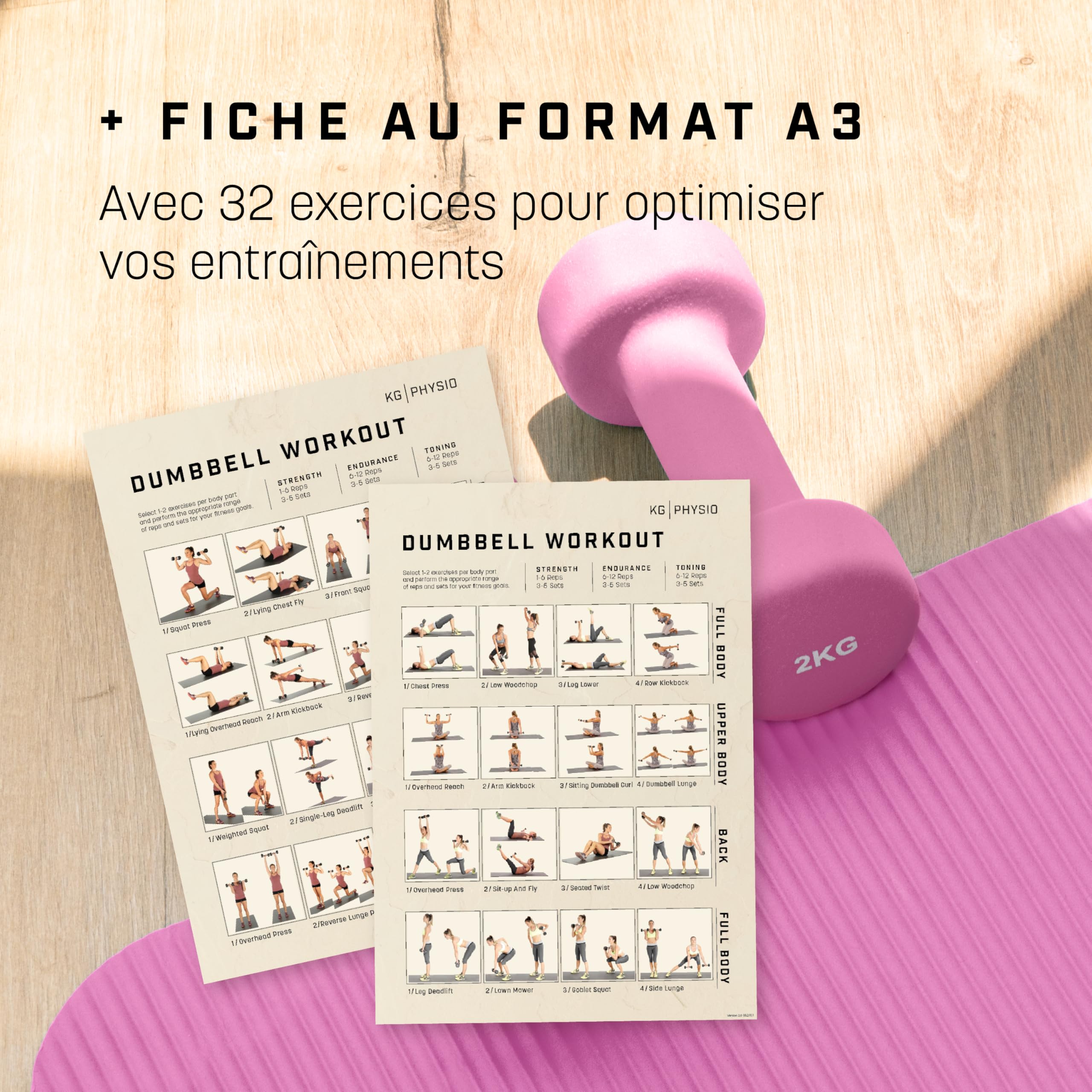 KG Physio Ensemble d'haltères avec revêtement en néoprène - Résistant à la transpiration - Avec technologie anti-roulis - Avec affiche d'exercices - Paire d'haltères de 1 à 10 kg