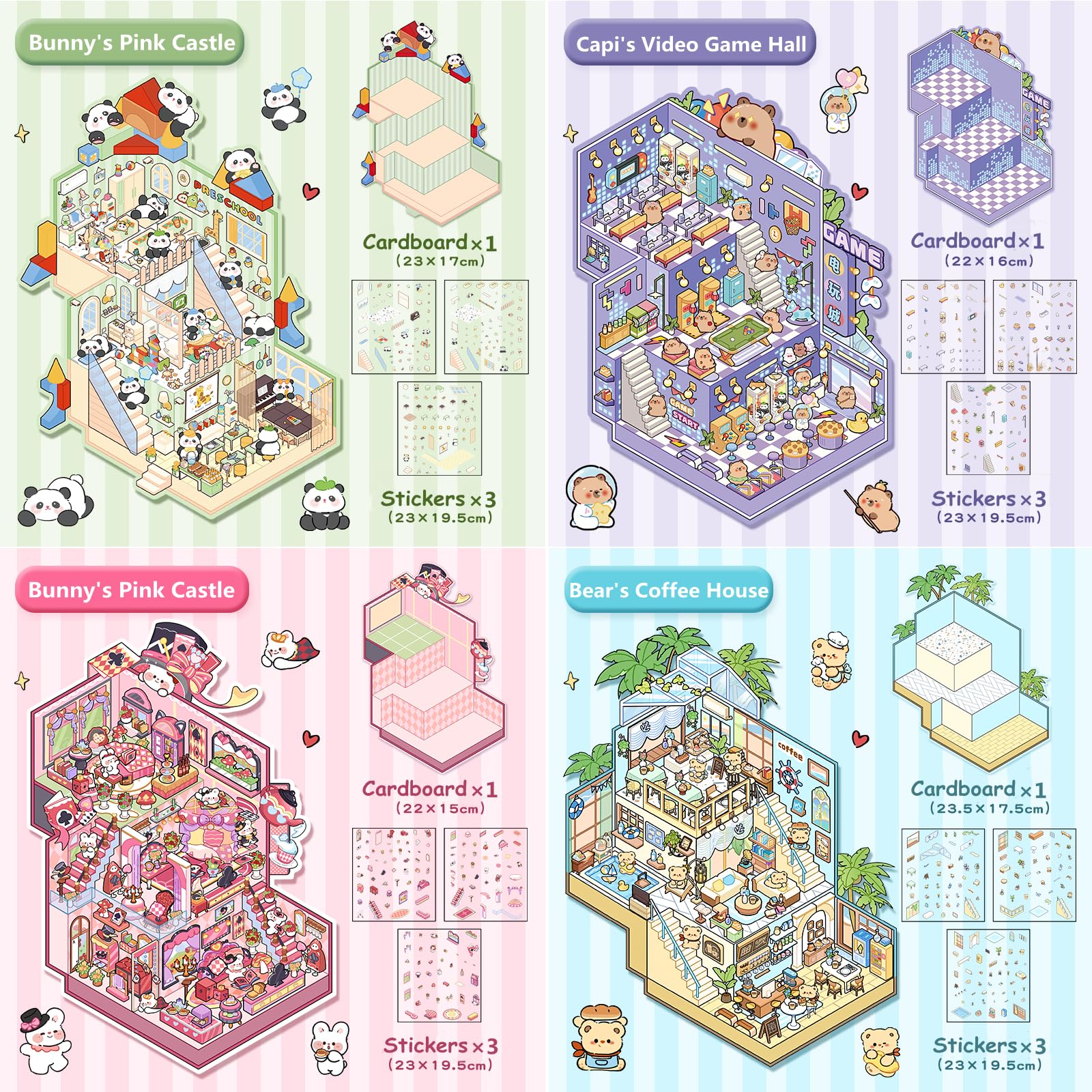 Wnqou 4 Sets DIY 3D House Stickers, 3D Coffee House Scene, Large -Version Simulated Cabin Scene Game - Image 2