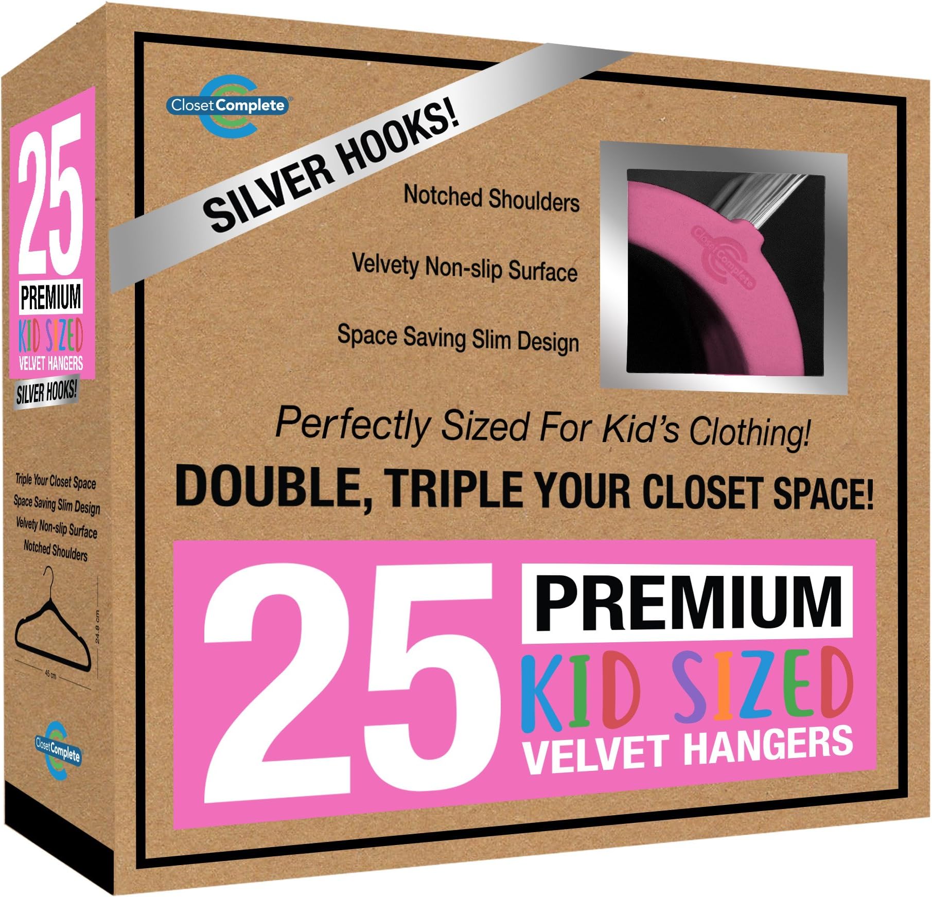 Closet Complete Kids Size, Premium Heavyweight, Virtually-Unbreakable, Velvet Hangers – Ultra-Thin, Space Saving, No-Slip, 360º Spin, Perfectly Sized for Kids 4-15 Years, Pink, Set of 25