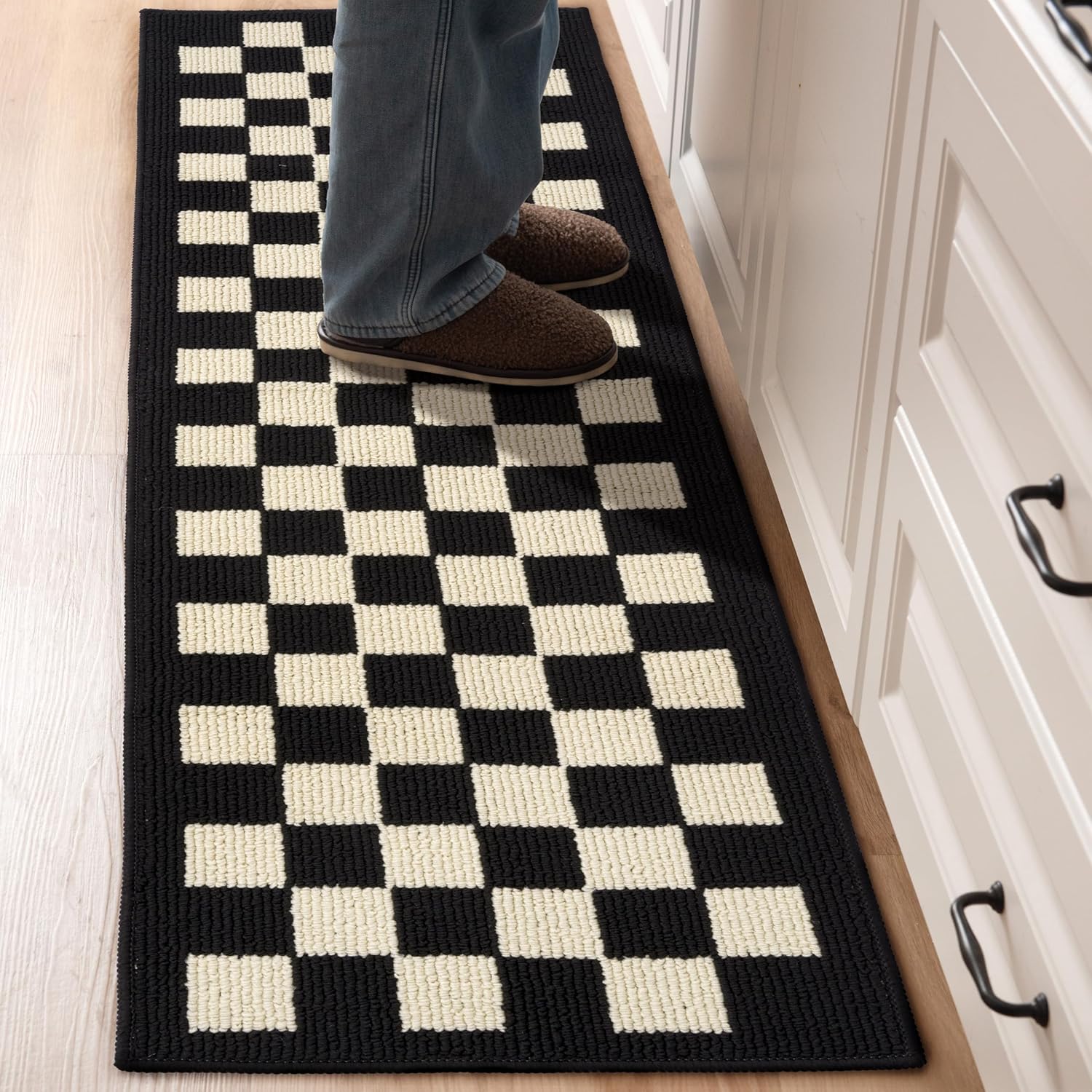 GRANNY SAYS Kitchen Mats for Floor, Kitchen Rugs Non Slip Washable, Runner Rugs for Kitchen Floor, 59" x 17.7", Stain Resistant Comfort Standing Mat Made of 100% Polypropylene, Black Black-checkerboard 1'6" x 4'11"