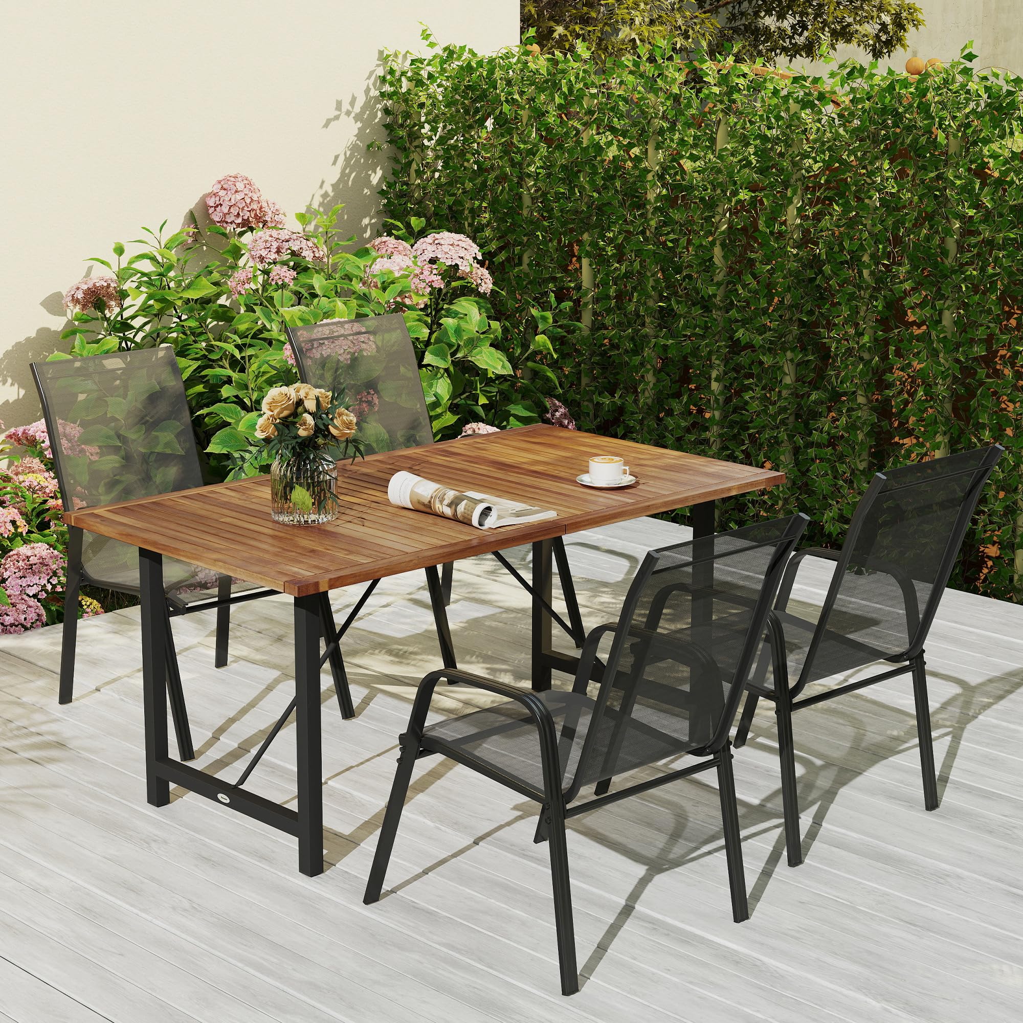 Outsunny Tavolo da Giardino Legno di Acacia e Acciaio, 160x90x75 cm Teak | Tavolo da Esterno Rettangolare, Piano a Doghe, Tavolino da Balcone, Patio, Terrazzo, Cortile, Esterno