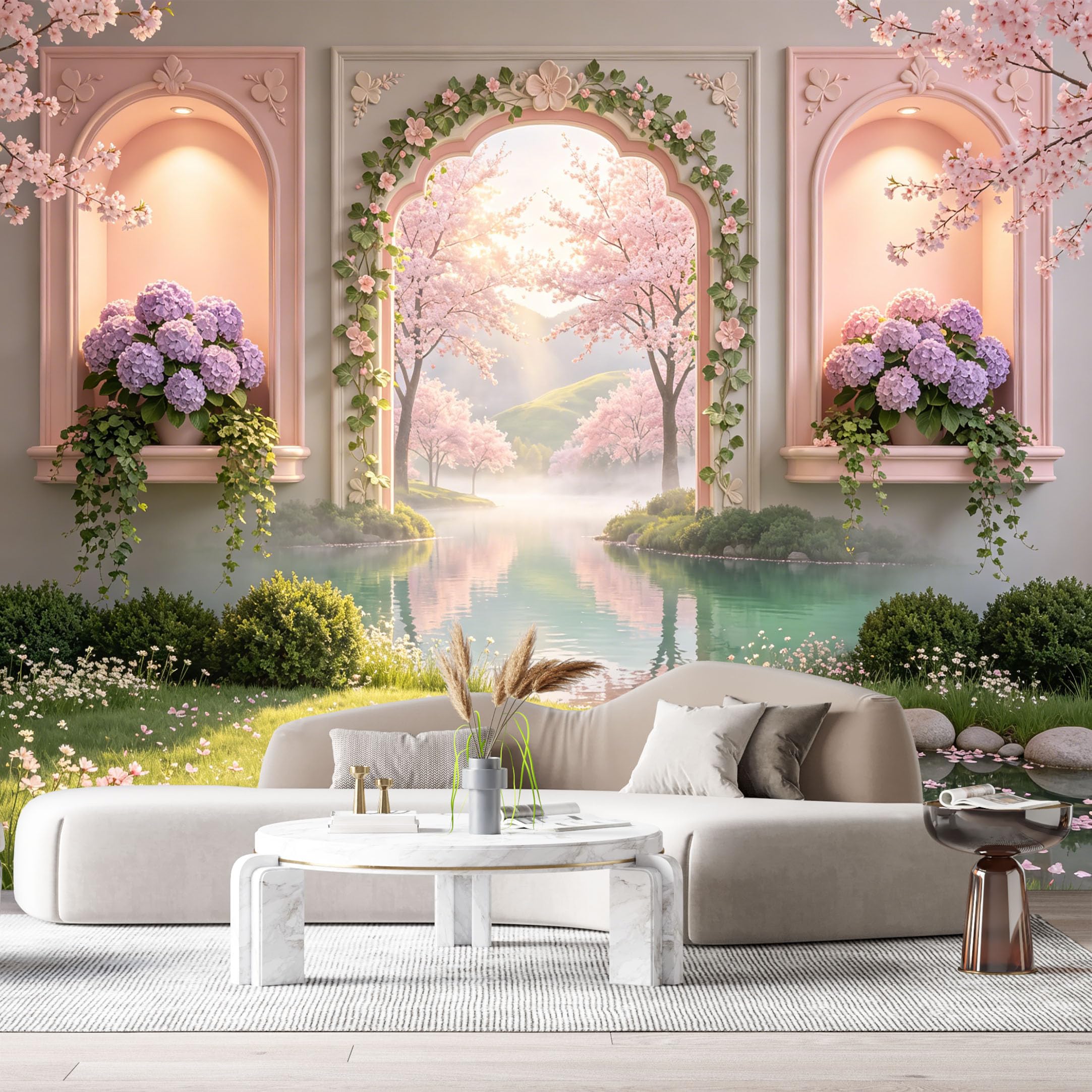 Custom Size Wall Murals Botanical Cherry Blossom Lake 3D Trompe L'Oeil Hydrangea Archway SelfAdhesive Wall Fabric Removable Large Wallpaper for Photo Living Room