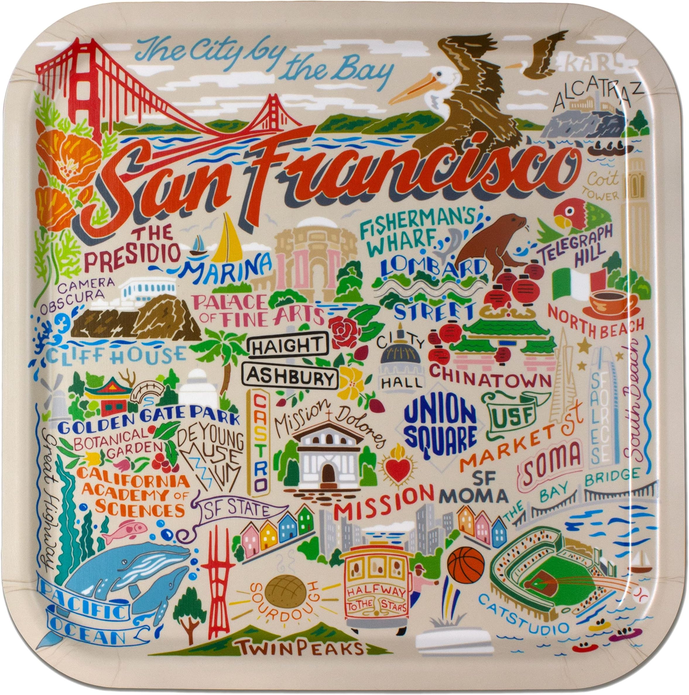 Catstudio Serving Tray, San Francisco Birchwood Serving Tray, Decorative Tray for Ottoman, Serving Platter, Coffee Table Decor, 12.5" by 12.5" Dishwasher Safe Serving Tray for California Lovers