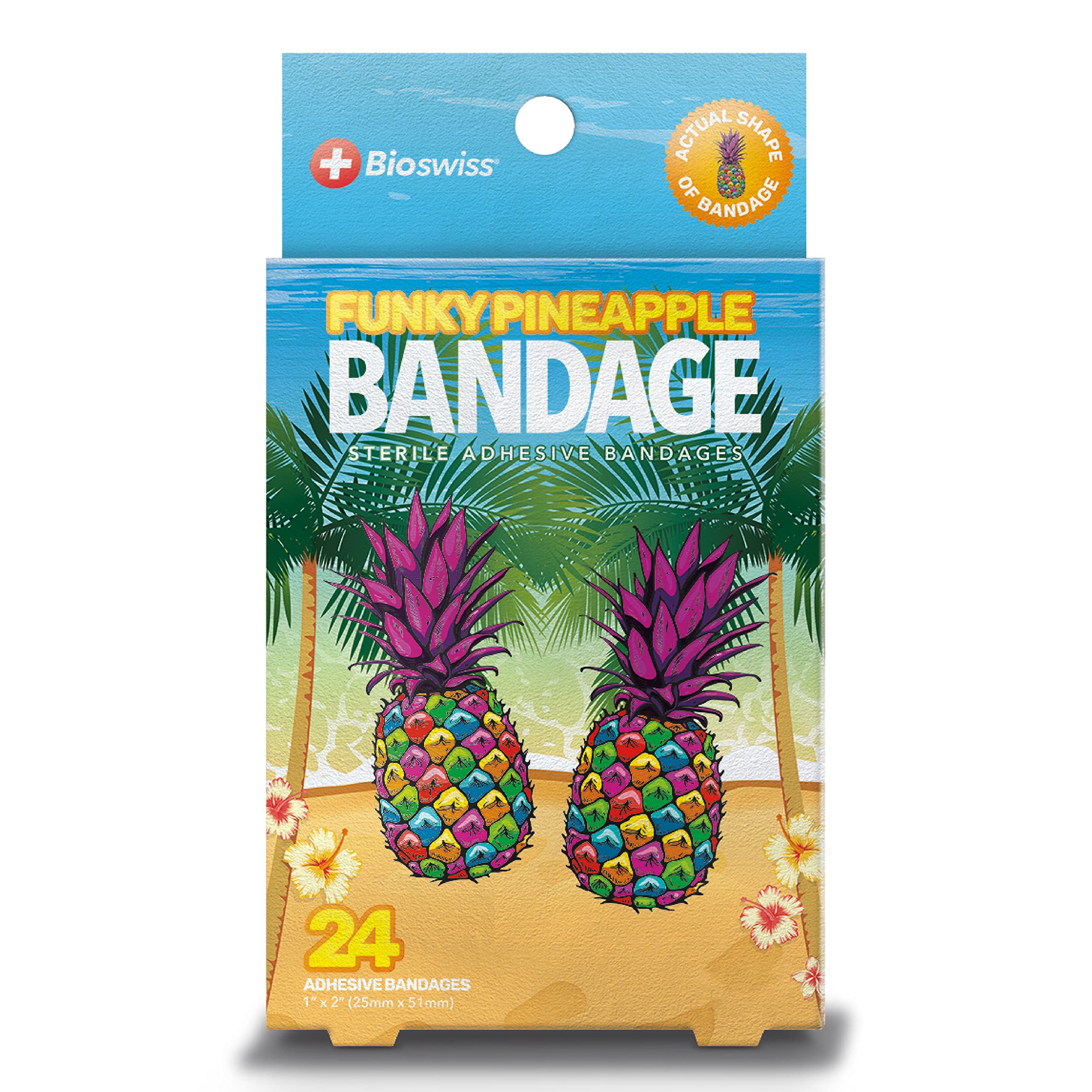 BioSwiss Bandages, Funky Pineapple Shaped Self Adhesive Bandage Set, Latex Free, Sterile Wound Care, 24 Count